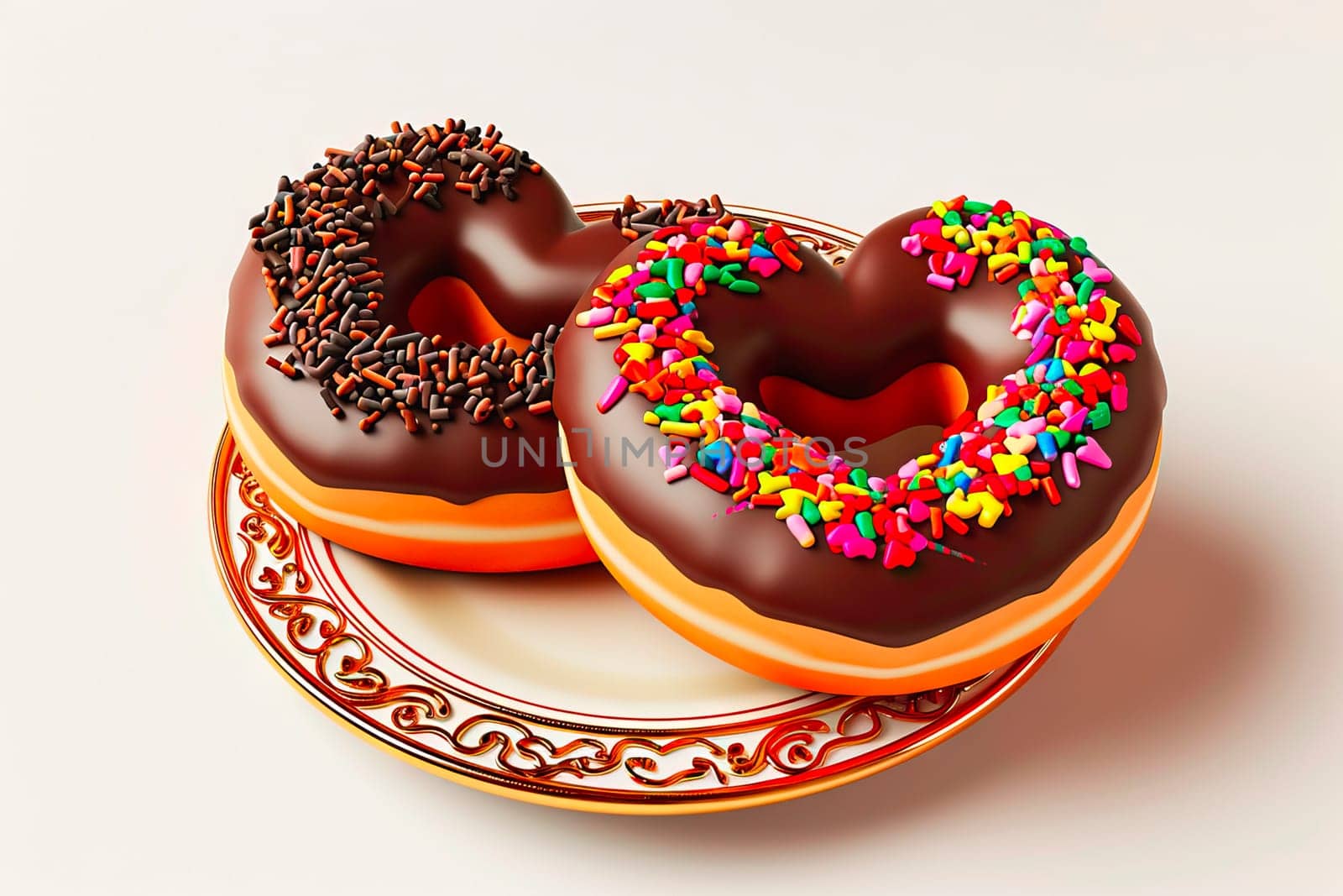 Two heart-shaped donuts, coated in brown chocolate and colorful sprinkles, rest side by side on an ornate octagonal plate. Perfect for festive occasions but high in calories.