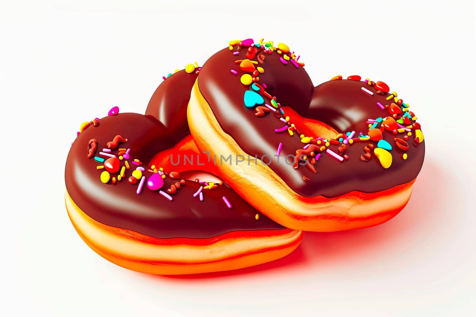 Two heart-shaped, deep-fried donuts coated in brown chocolate and colorful toppings, stacked on a white background, reflecting light and casting a soft shadow.