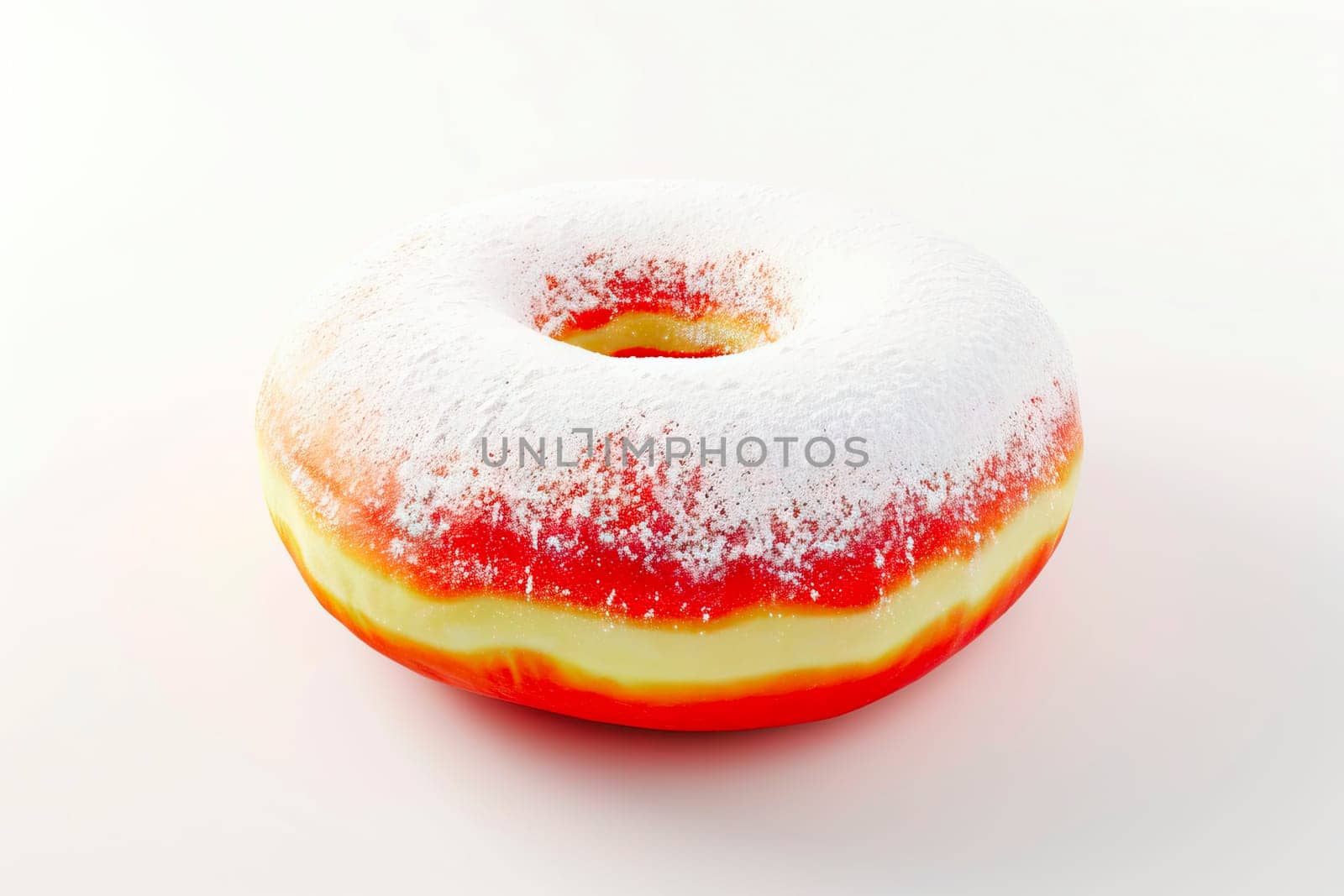 This donut, with a light, golden-brown crust and a dusting of powdered sugar, is a classic treat that delights the senses. The donut is slightly flattened with a hole in the middle and features a lighter band around its center.
