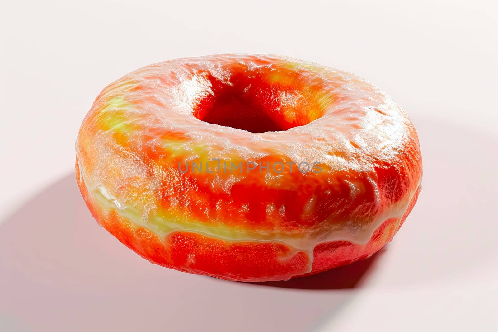 A freshly fried, round doughnut with a slightly flattened shape and a central hole, topped with a light glaze. The doughnut displays a beautifully golden-brown top and bottom, with a lighter stripe of dough around the side, revealing its perfectly fried texture.