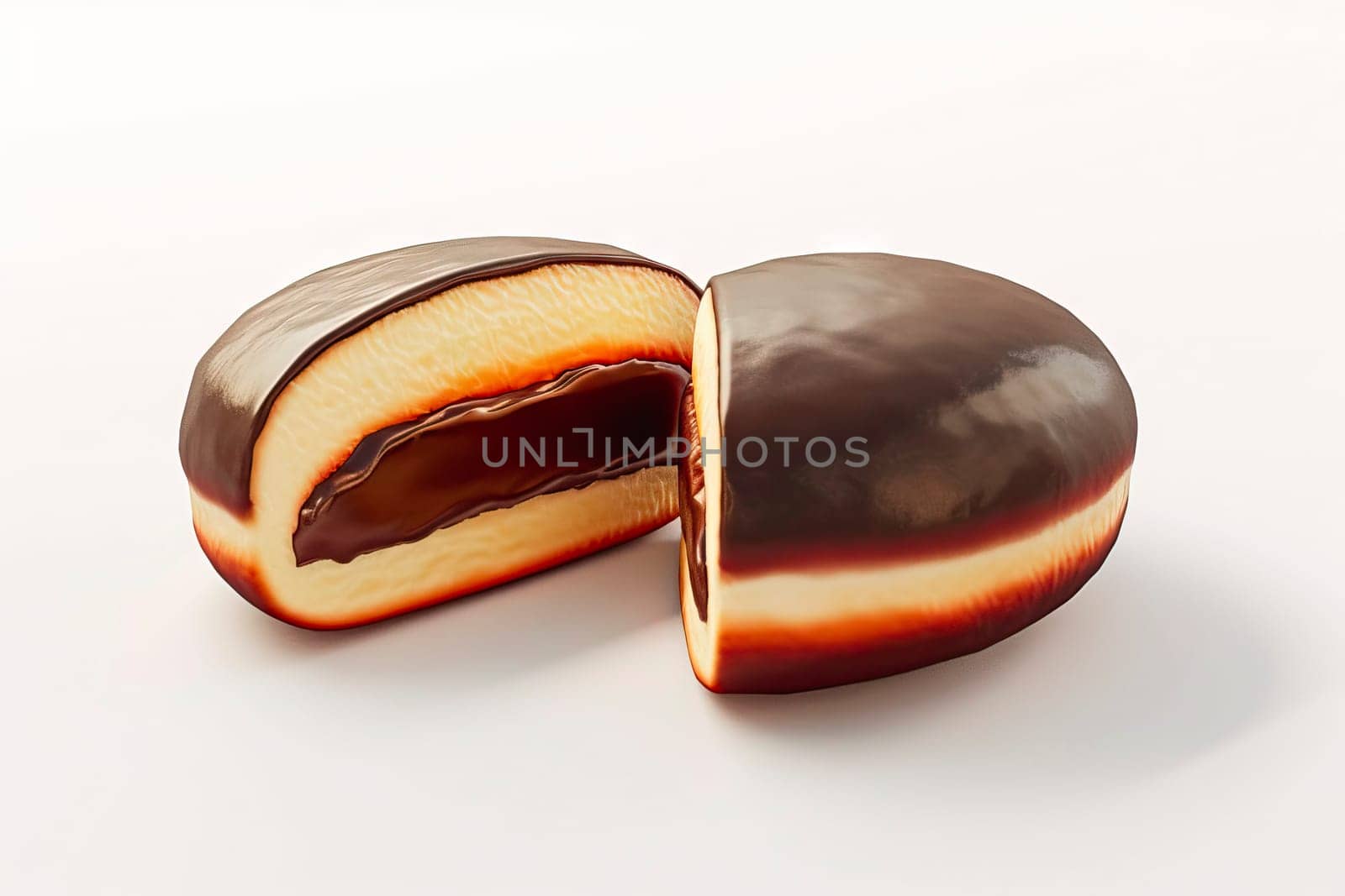 A meticulously sliced donut, covered in glossy brown chocolate, reveals a luscious liquid chocolate filling. This classic deep-fried donut, rich in flavor, is perfect for holidays like Fat Thursday, Valentine's Day, or any special occasion.