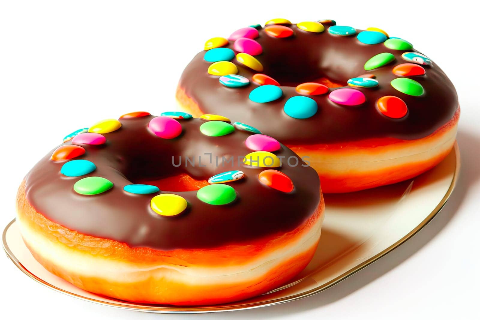 Two freshly made doughnuts, round with a slightly flattened shape and a central hole, rest on a cream-colored plate with a gold trim. They are coated in rich brown chocolate and adorned with colorful sprinkles. T