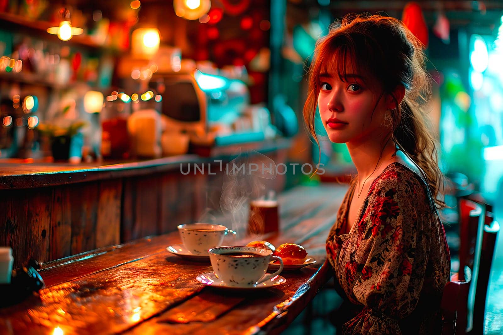 A woman in a dark floral blouse sits in a vintage café, gazing into the camera as she waits for her date. Warm tones and soft lighting create a cozy, inviting atmosphere.