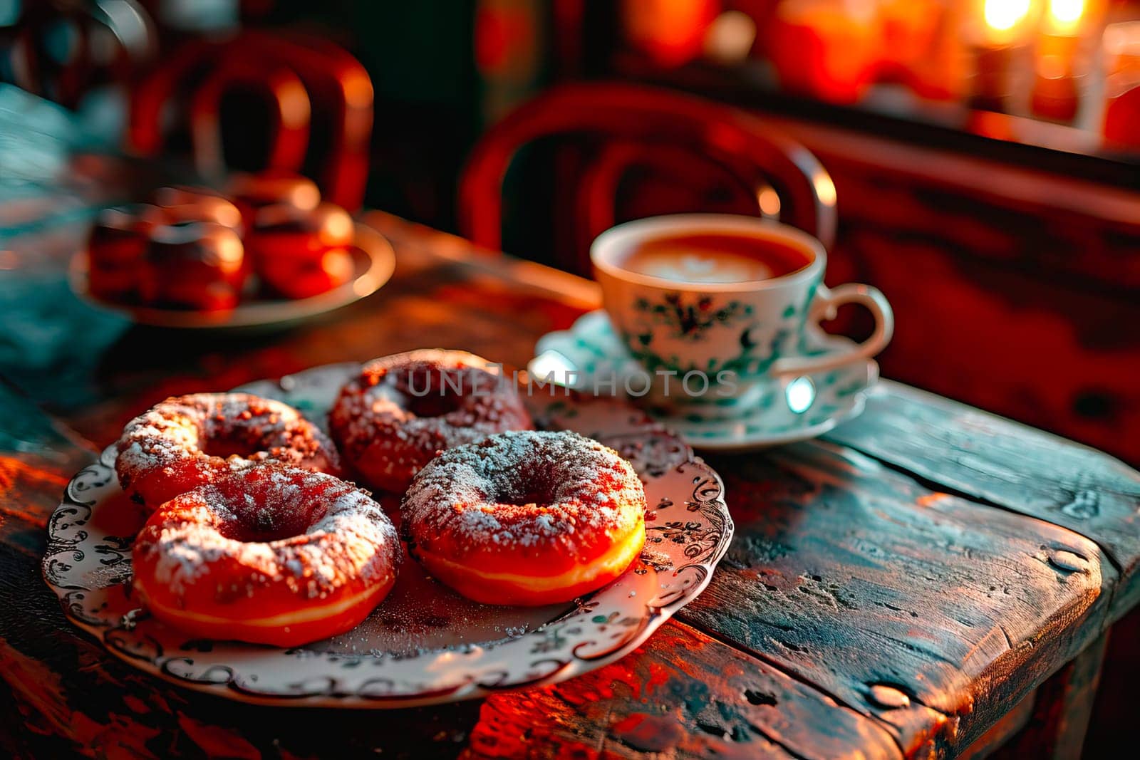 A warm café setting with powdered doughnuts on a wooden table, accompanied by cappuccino cups. The scene is bathed in soft, warm light, ideal for sweet moments and relaxing gatherings. Perfect for Fat Thursday, a romantic date, or a friendly meet-up.