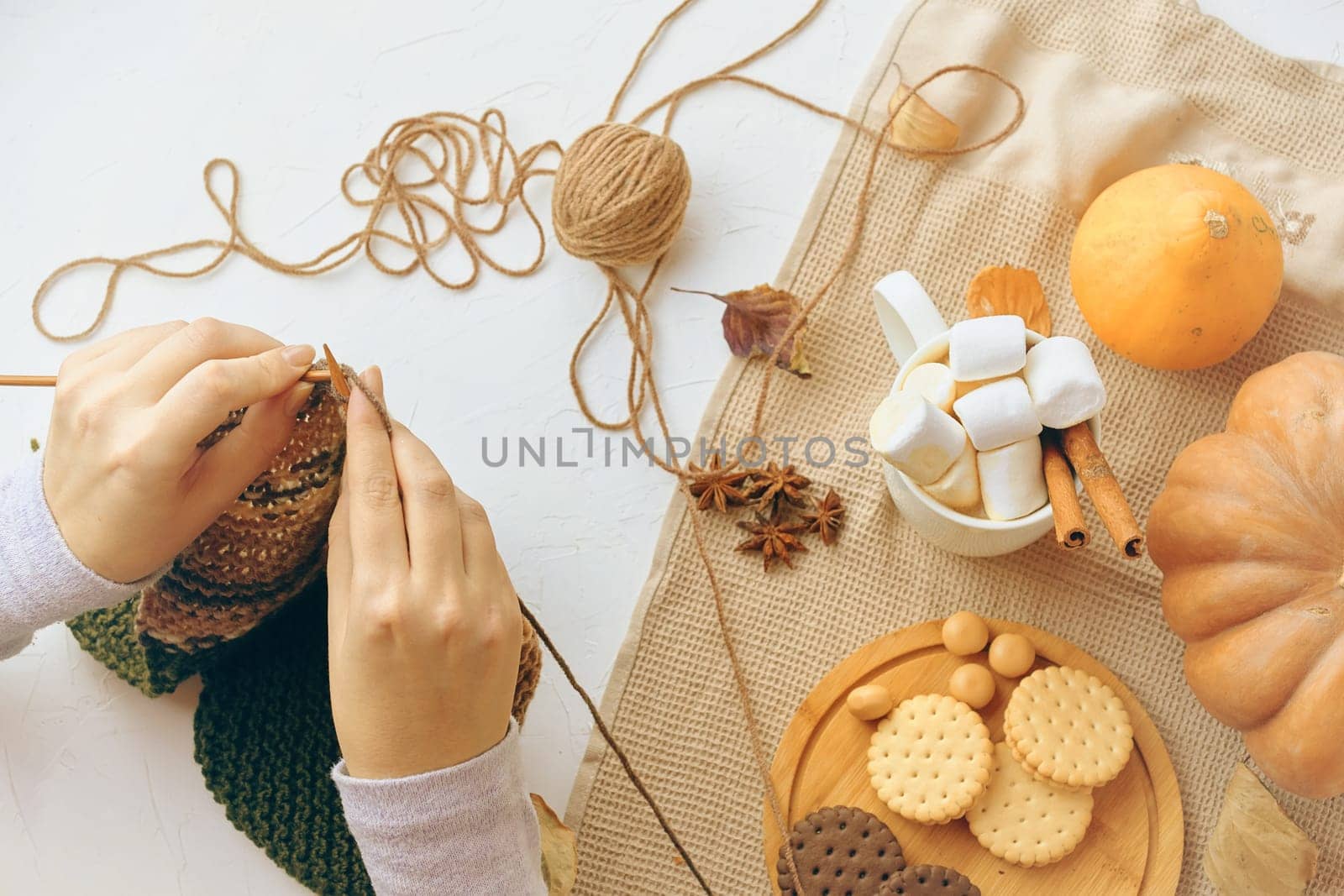 Hands knitting with yarn, surrounded by autumn snacks like cookies, marshmallows, and pumpkins for a cozy vibe.