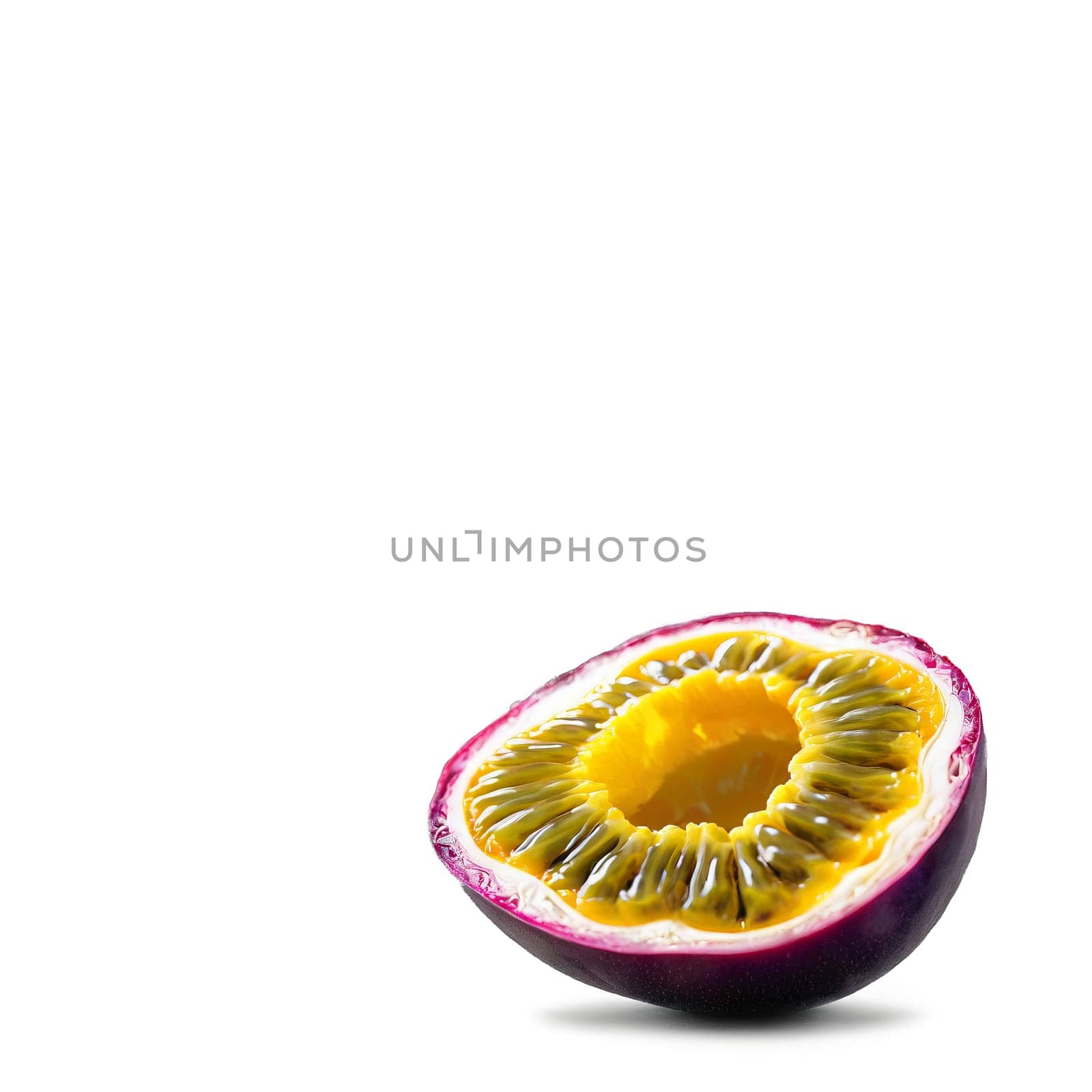 Passion fruit purple and egg shaped sliced in half to reveal vibrant yellow pulp with. Food isolated on transparent background
