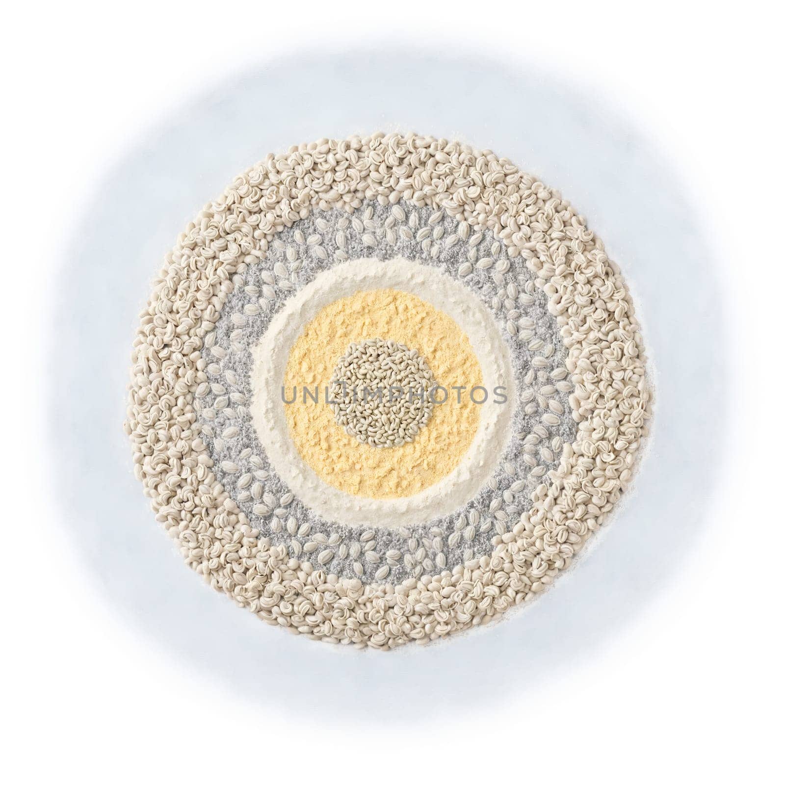 Cowpea flour mandala a circular pattern of fine cowpea flour medium cowpea flour and cowpea. Food isolated on transparent background.