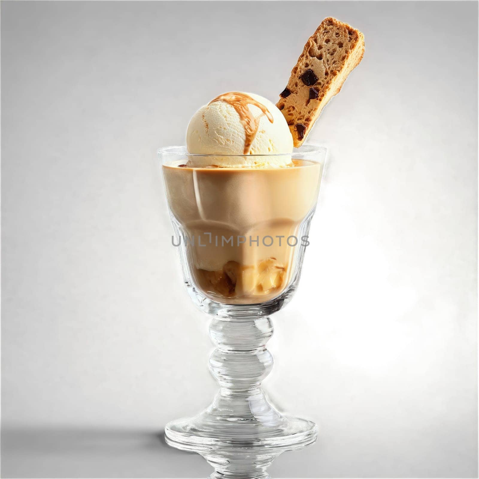 Indulgent affogato in clear glass espresso pouring vanilla ice cream melting biscotti crumbling Food and. Food isolated on transparent background.
