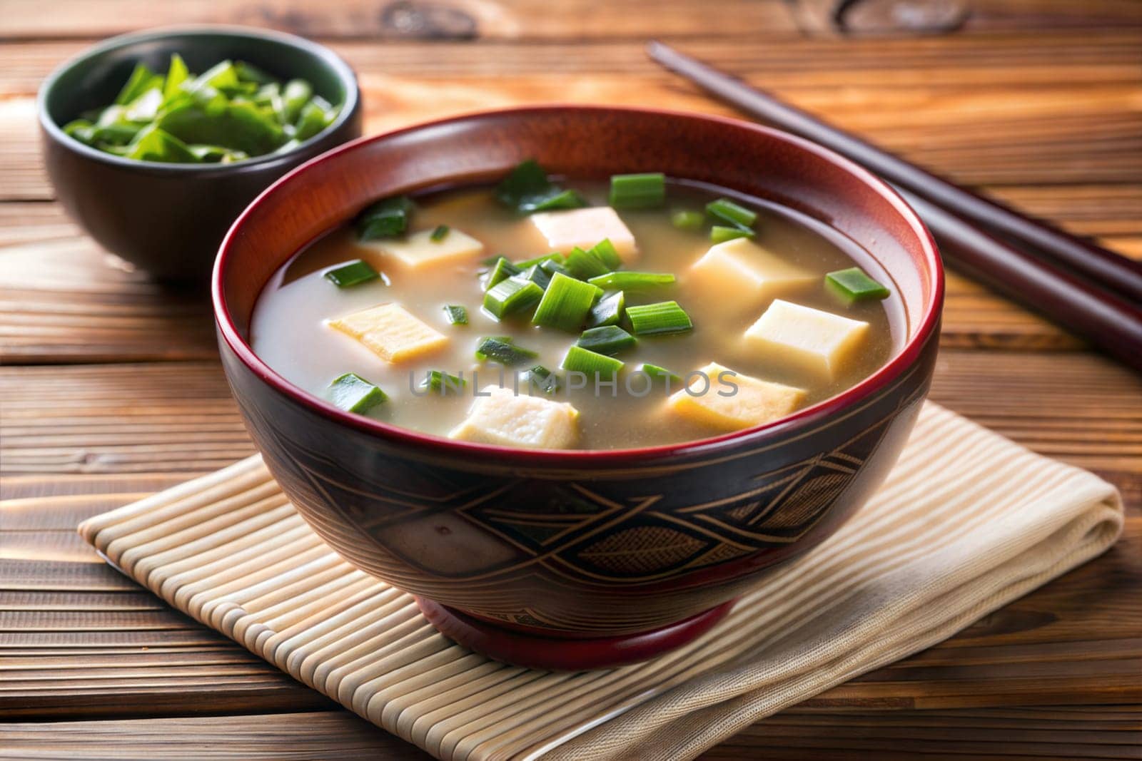 A bowl of miso shiru soup with tofu, green onion, and wakame seaweed on wooden table. Chopsticks. Ai generated image