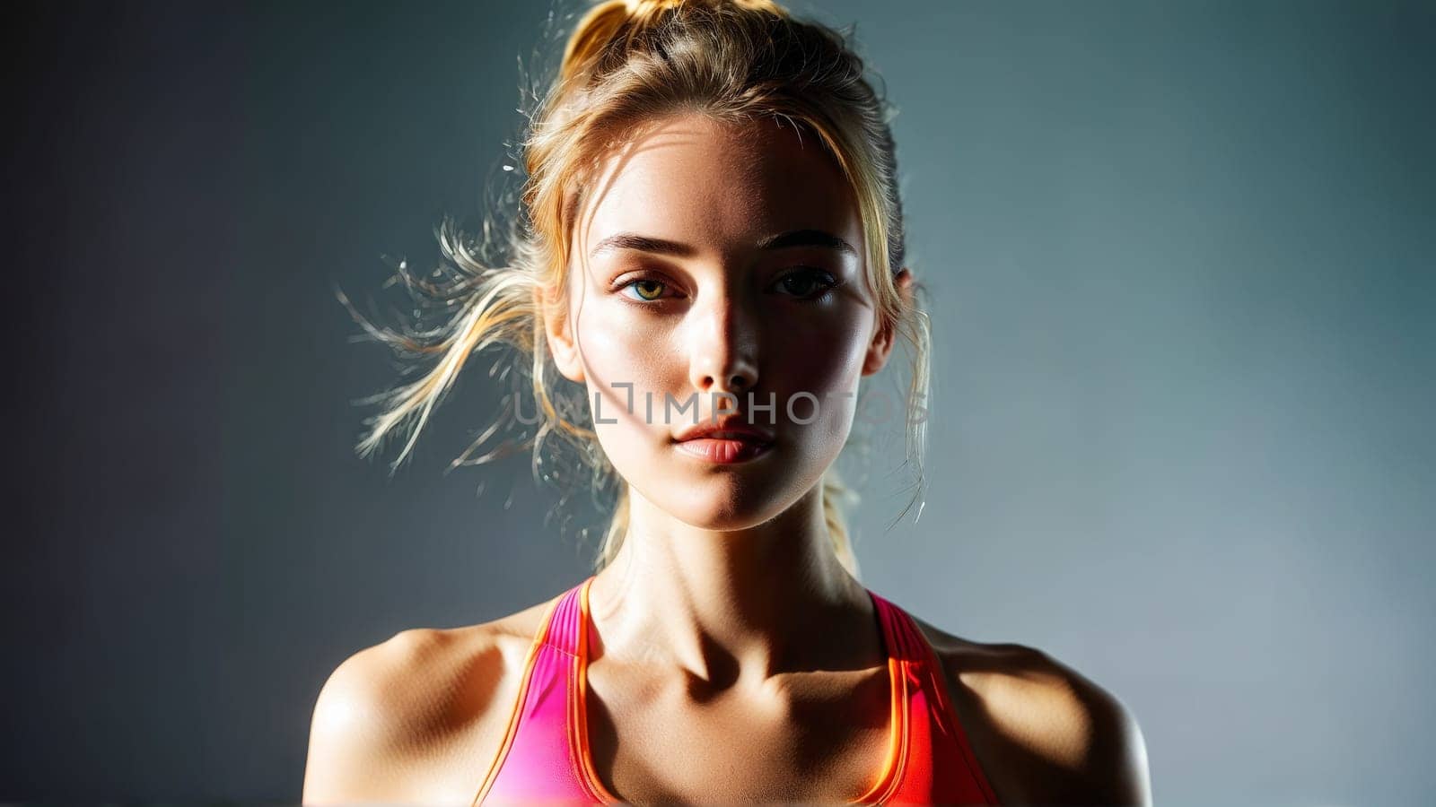 Sports bra vibrant color energetic pose dynamic motion blur bright studio lighting.