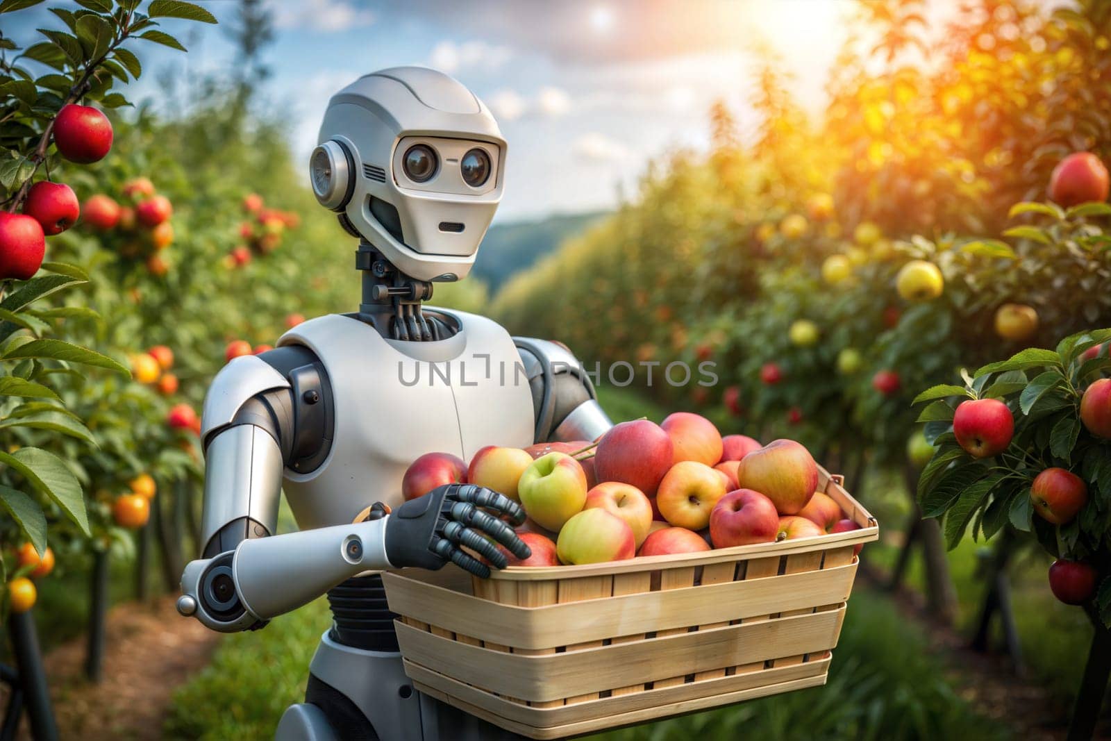 White futuristic robot holding basket with apple harvest in apple garden. Robots help people. Ai generated image