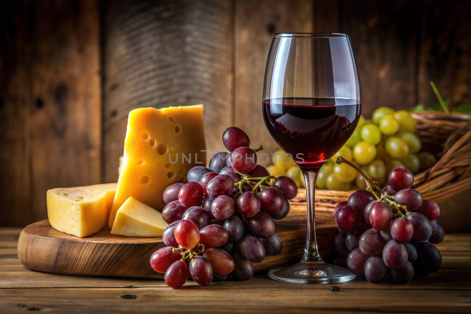 Fresh Grapes And Wine With Cheese On The Wooden Background. Still life. Ai generated image