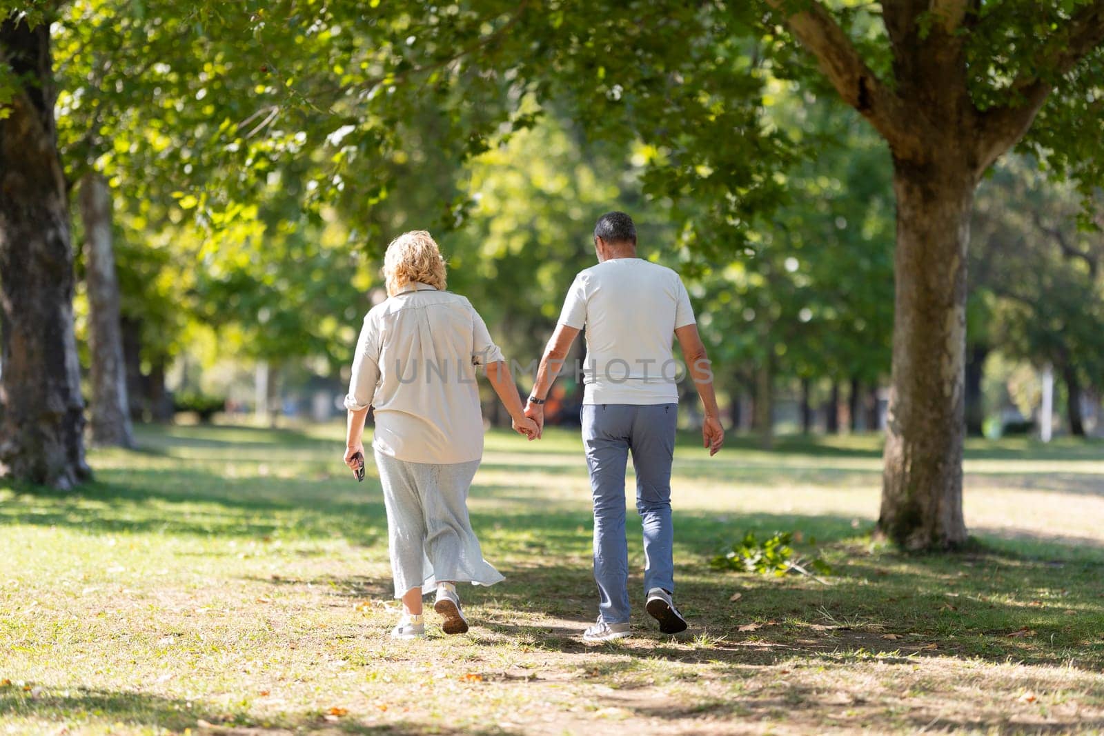 Senior couple enjoys a sunny day holding hands while walking in the park