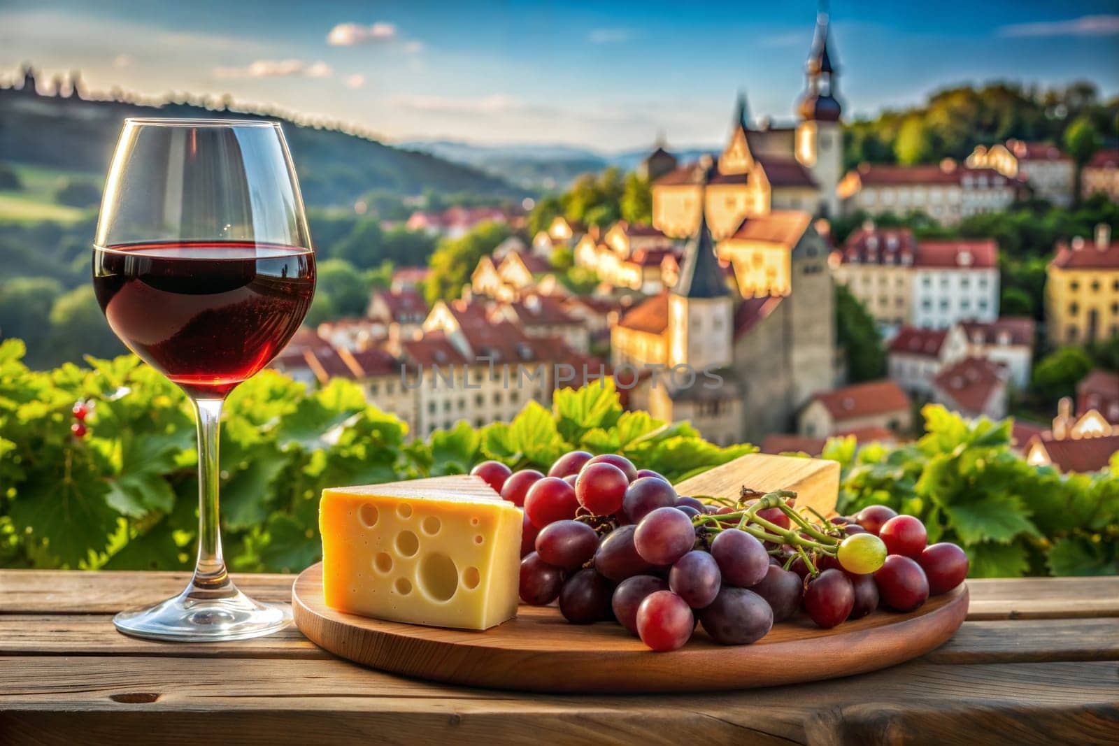 Fresh Grapes And Wine With Cheese On The Background Of An Old European Town. Food photography. Still life. Ai generated image