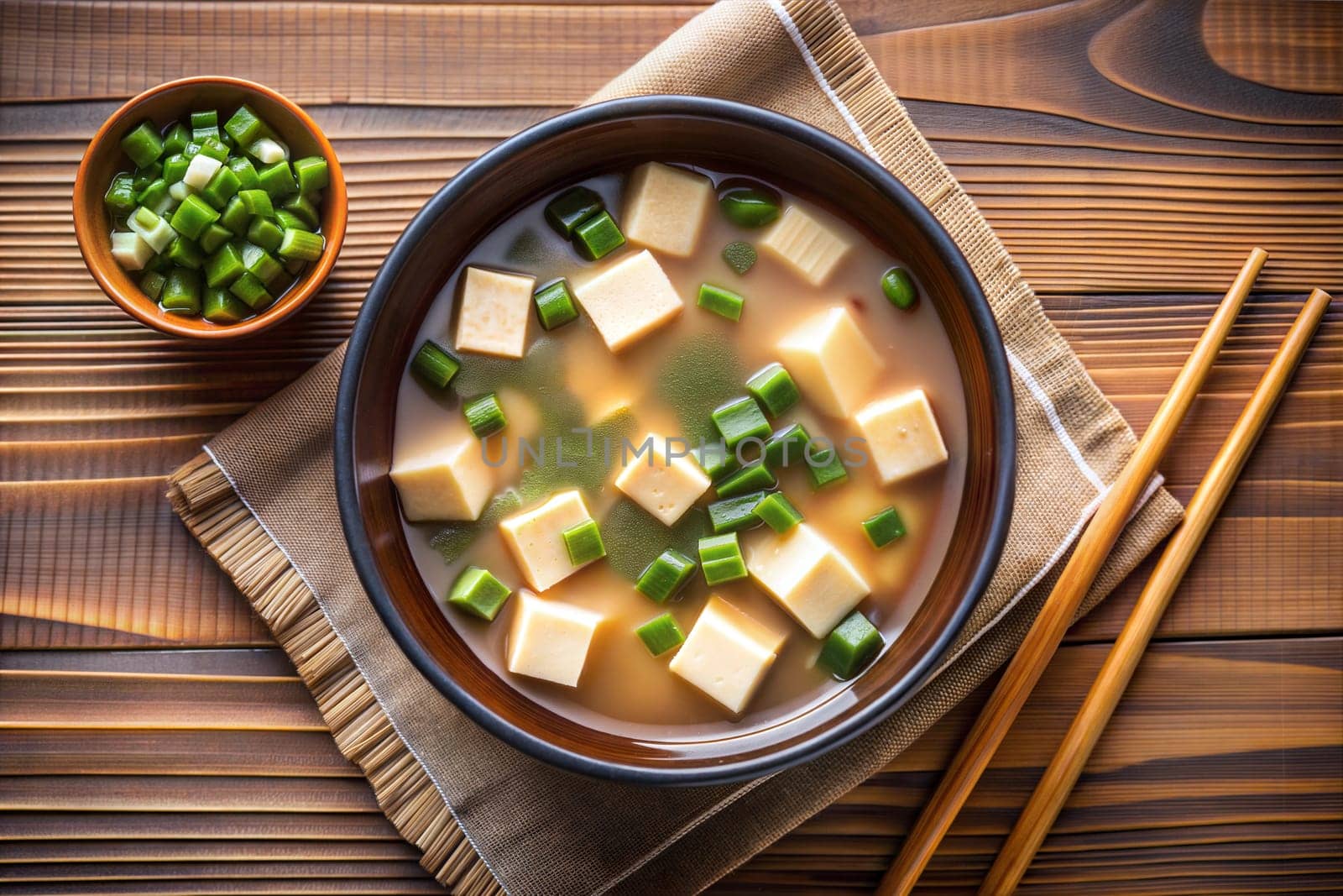 A bowl of miso shiru soup with tofu, green onion, and wakame seaweed on wooden table. Chopsticks.Top view. Ai generated image