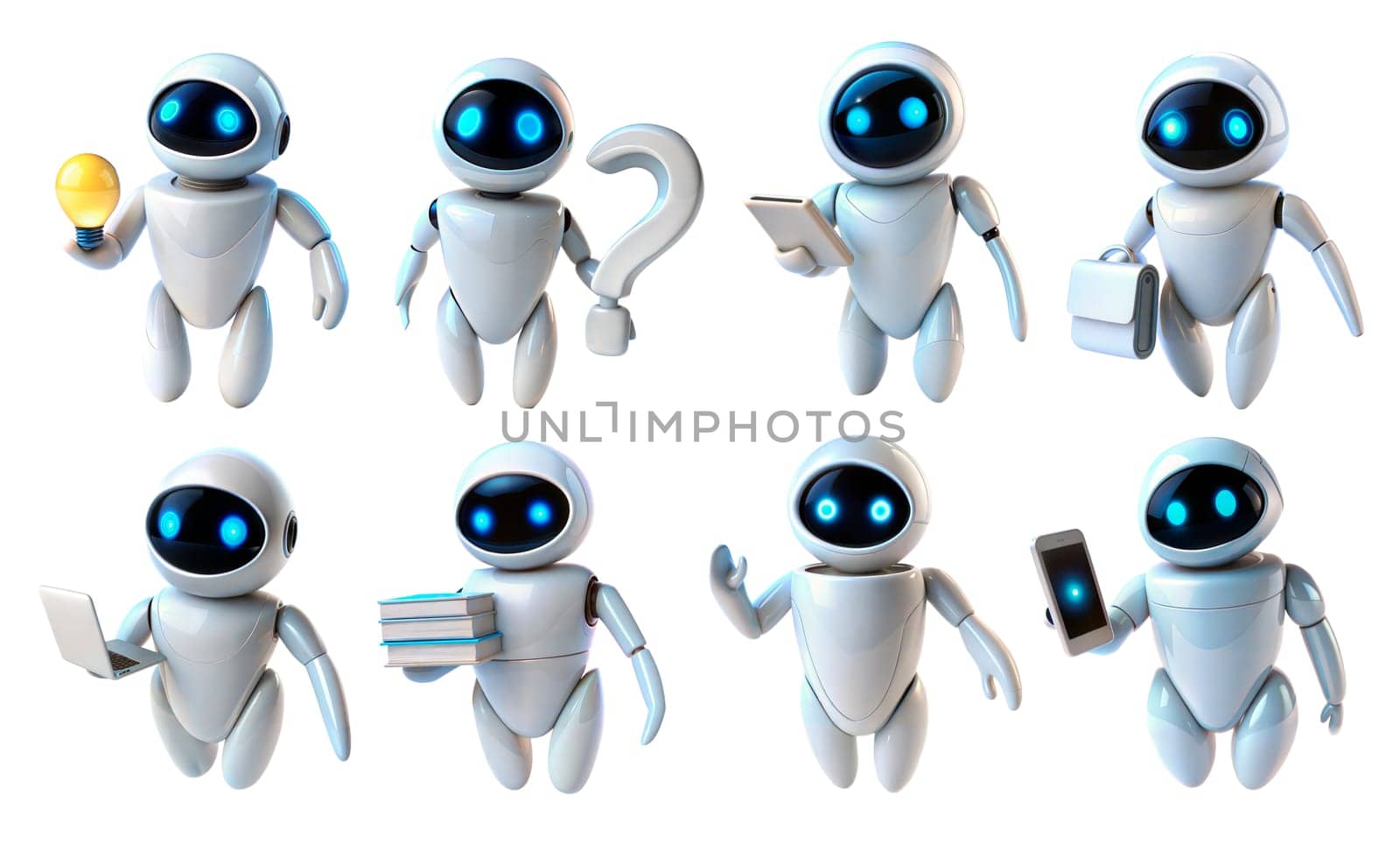 Futuristic Cartoon Set of AI Robots and Digital Brain Concept isolated on white. AI robot bot. Chat, chatbot technology. ai generated image