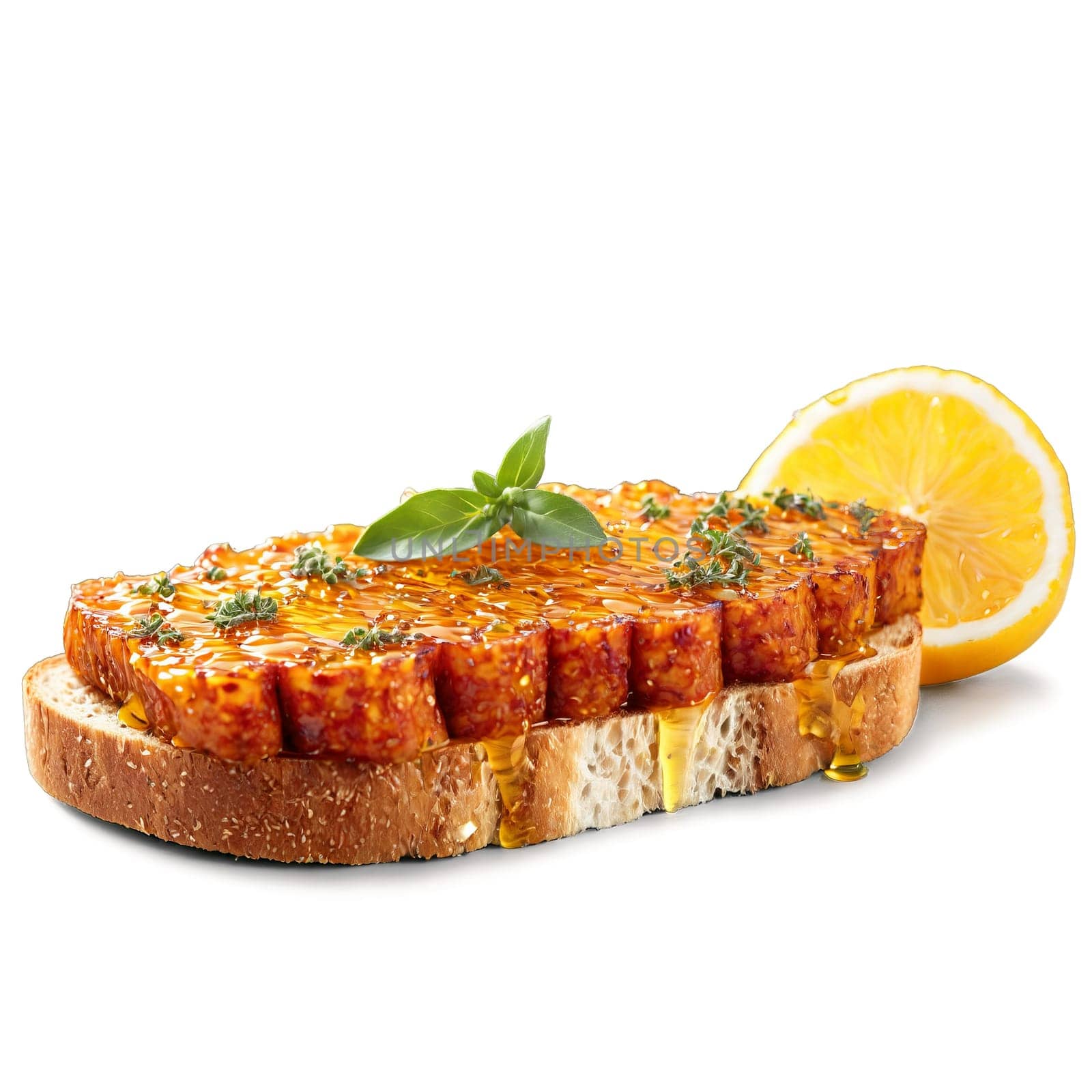 Nduja di Spilinga spread on a slice of grilled bread topped with a drizzle of. Food isolated on transparent background