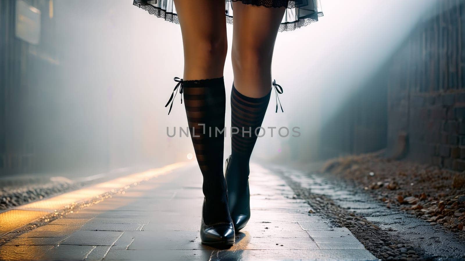 Lingerie model s lower body and long legs in sheer striped stockings confidently walking diverse.