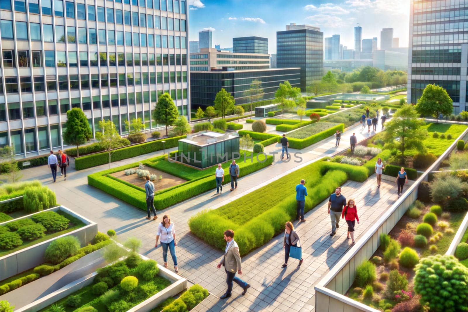 Urban Oasis: Rooftop Garden Office with people. Concept of urban greening. Ai generated image