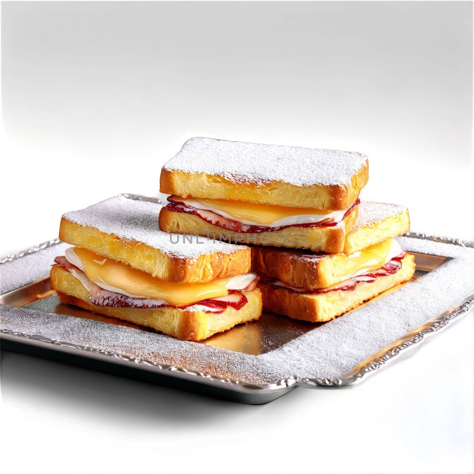 Monte Cristo syrupy sandwich halves in glass tray powdered sugar dusting Food and Culinary concept. Food isolated on transparent background.