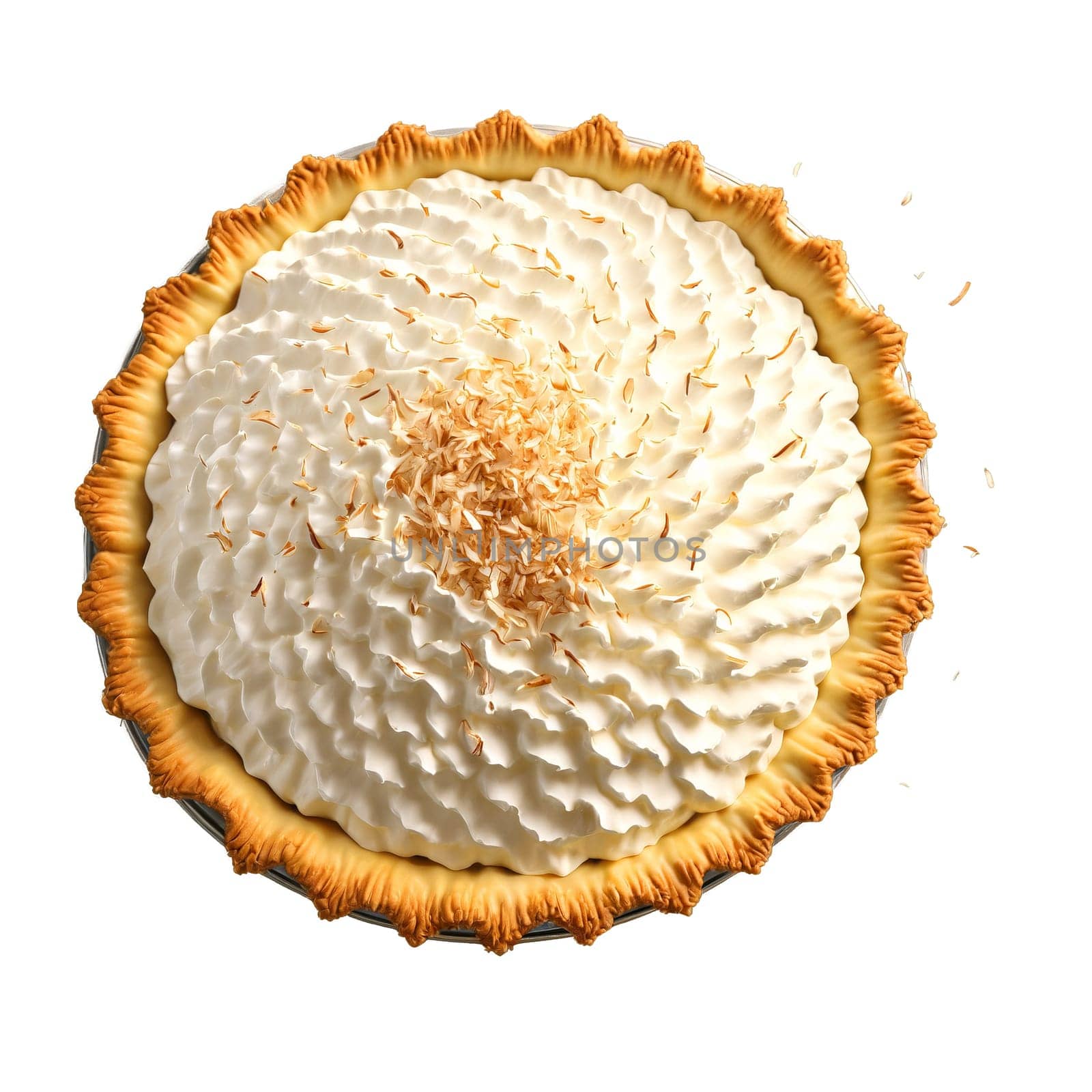 Coconut cream pie with a flaky crust creamy coconut custard filling and a billowy whipped. close-up food, isolated on transparent background