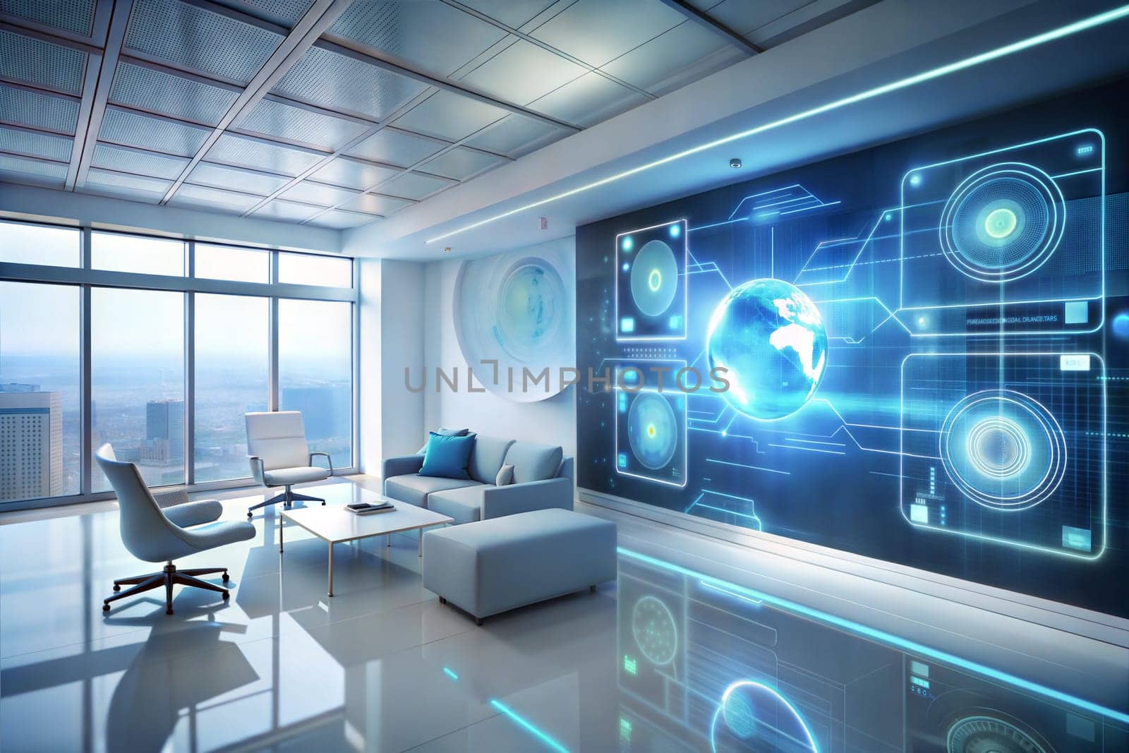Futuristic office technology with big virtual holographic screen. Ai generated image