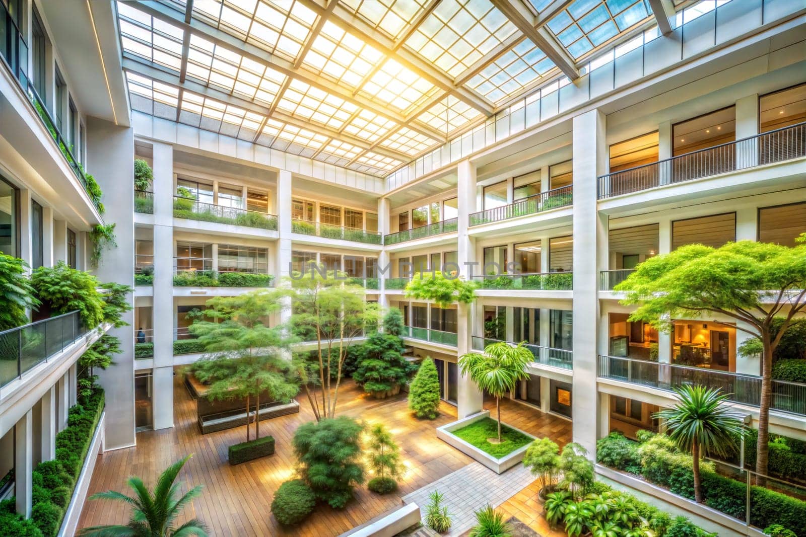 Internal open air, guest room, modernist atrium with plants. Hotel or business center open space hall. ai generated image