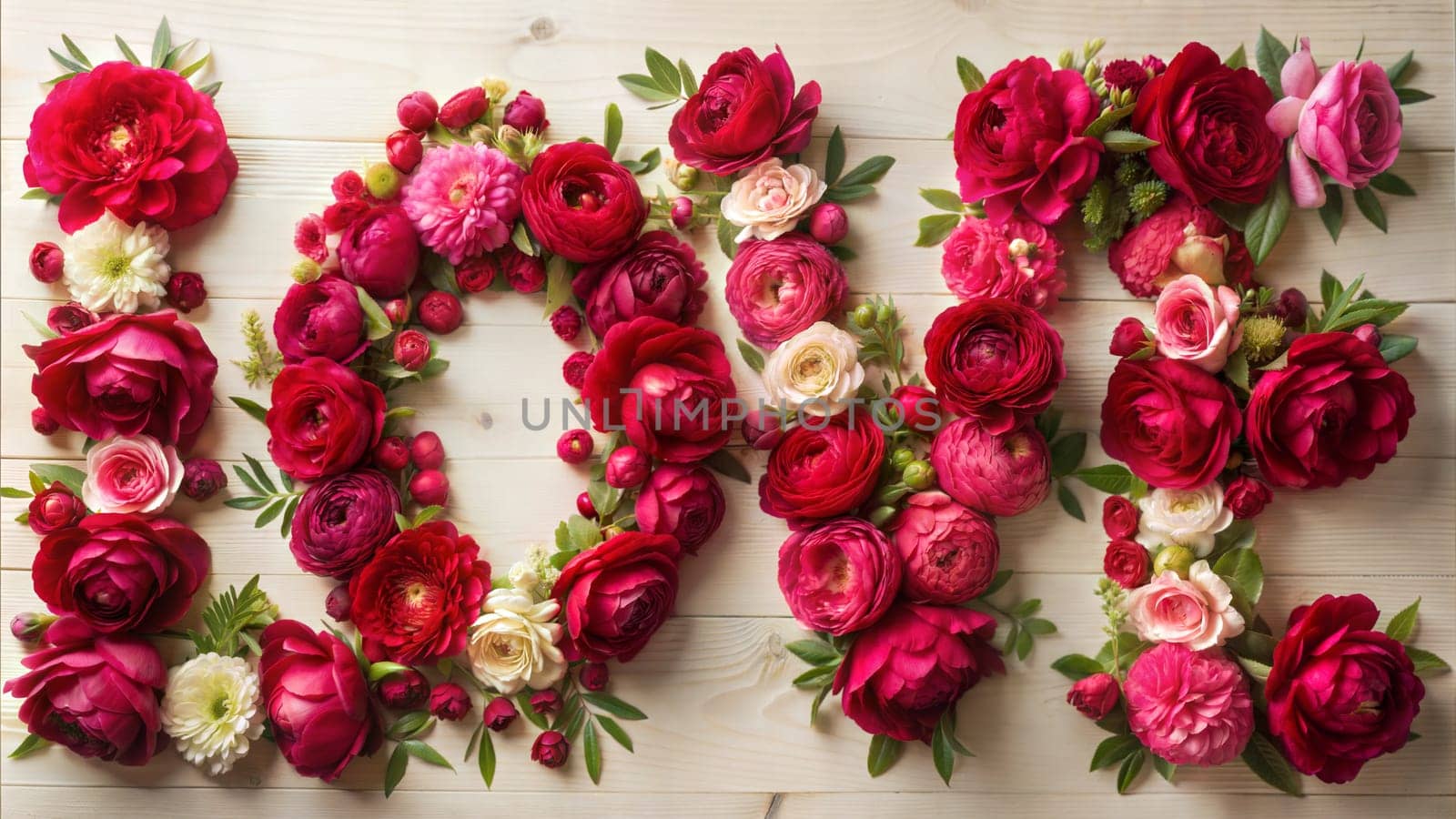 Word love made of red peonies. Ai generated image