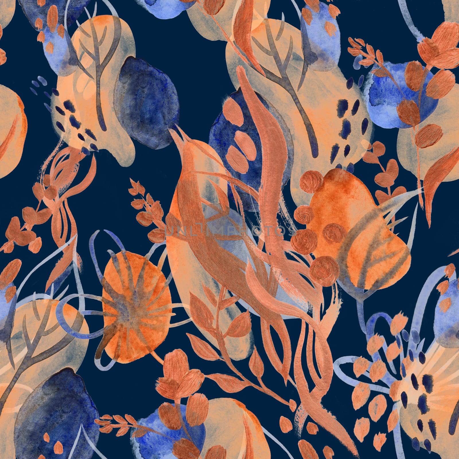 Seamless botanical pattern with gouache painted flowers and leaves flowers for textile design and autumn prints