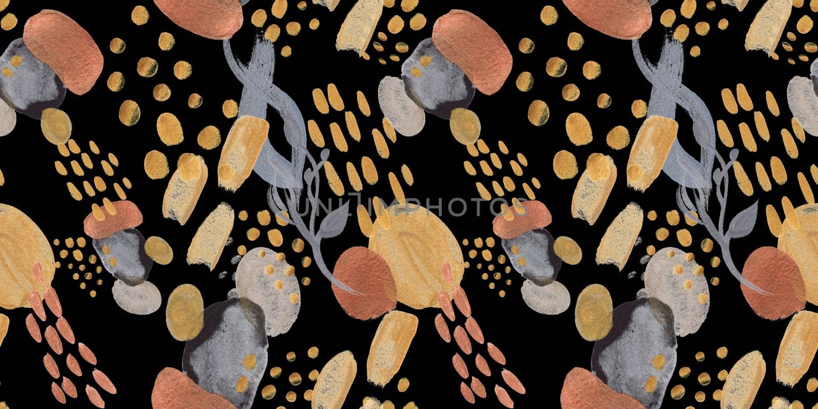Seamless abstract pattern with gouache painted geometric shapes ovals and dots for textile design and autumn prints