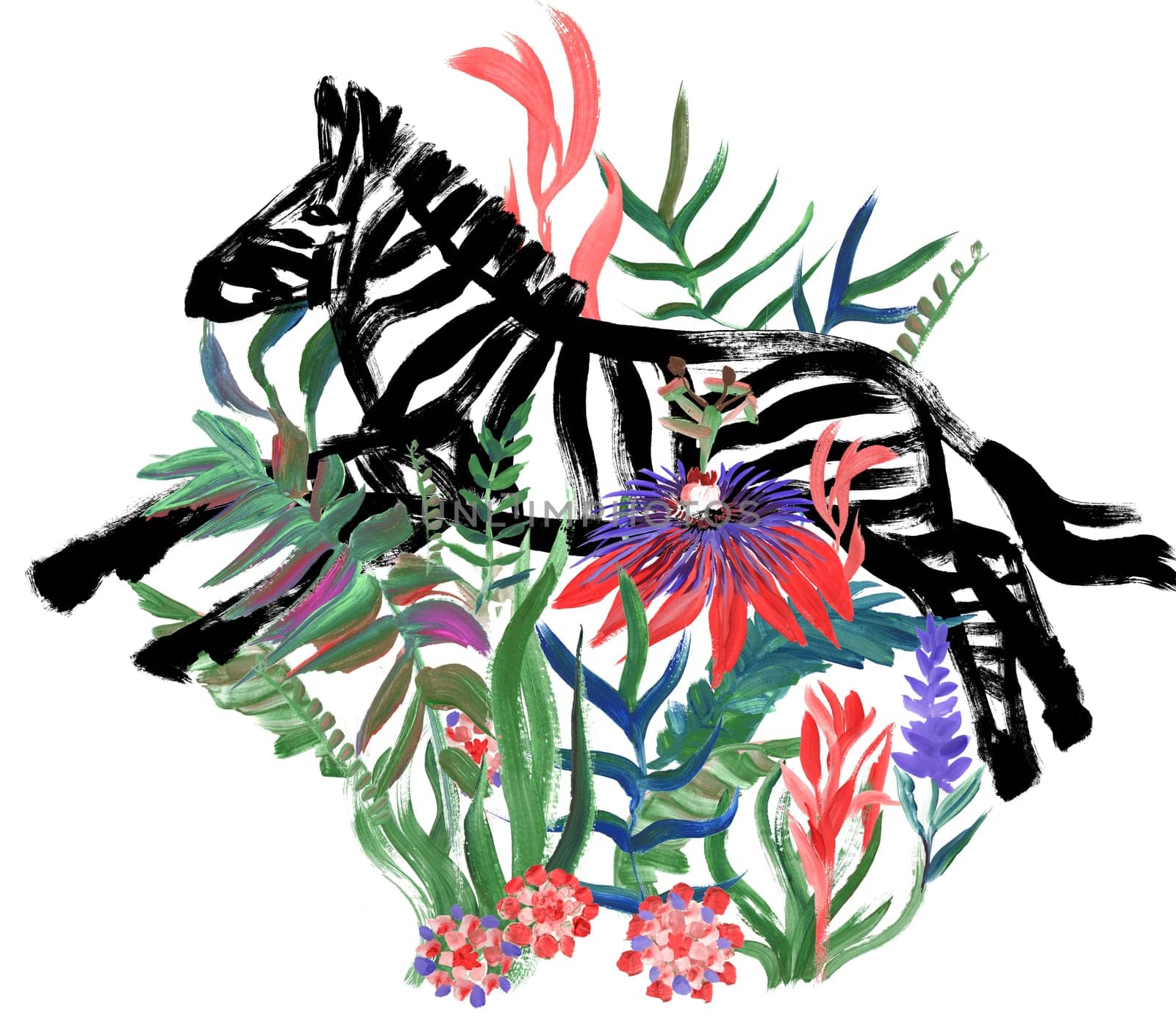 Illustration with gouache painted zebra and tropical flowers isolater on white