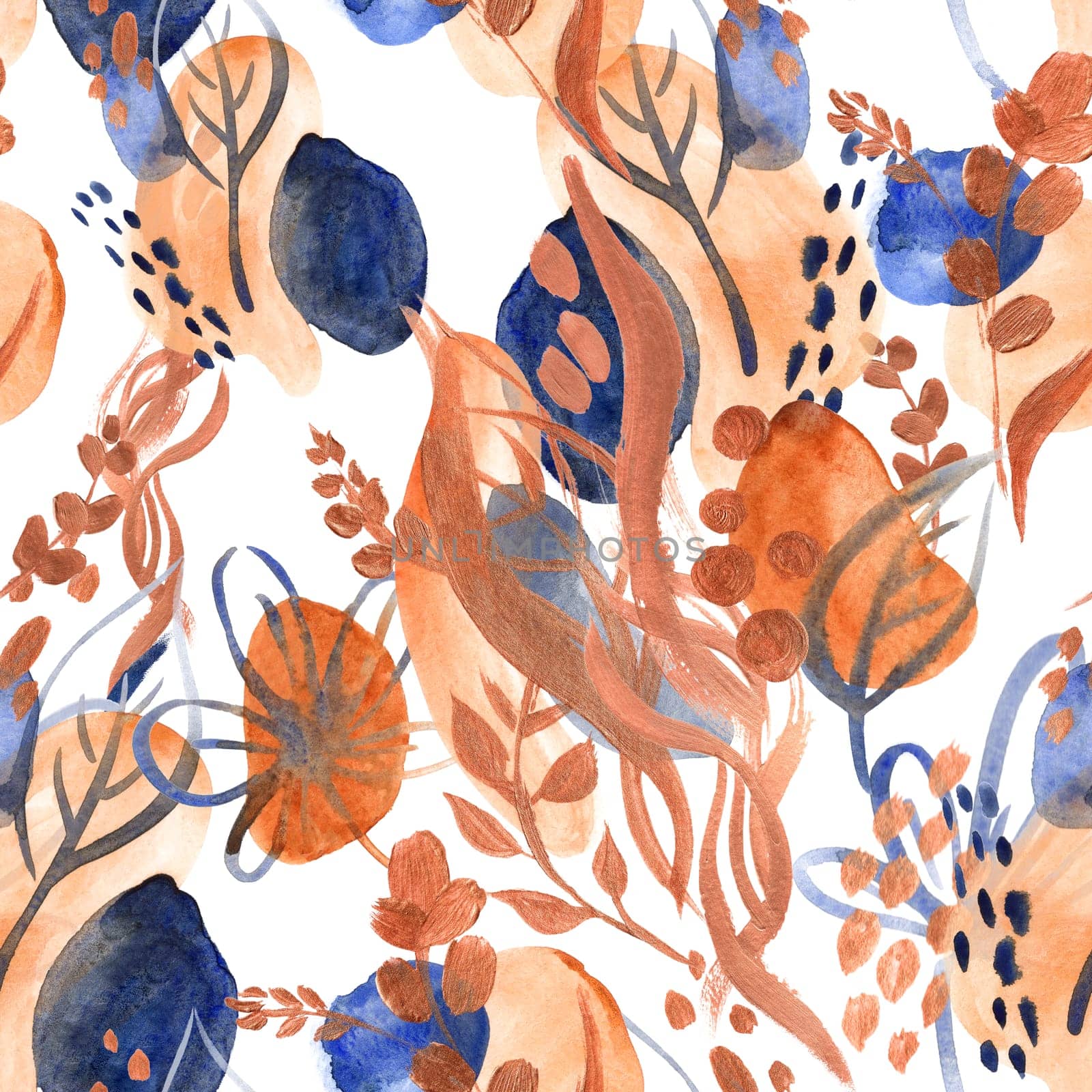 Seamless botanical pattern with gouache painted flowers and leaves flowers for textile design and autumn prints