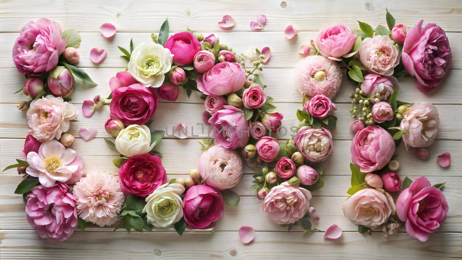 Word love made of pink flowers. Ai generated image