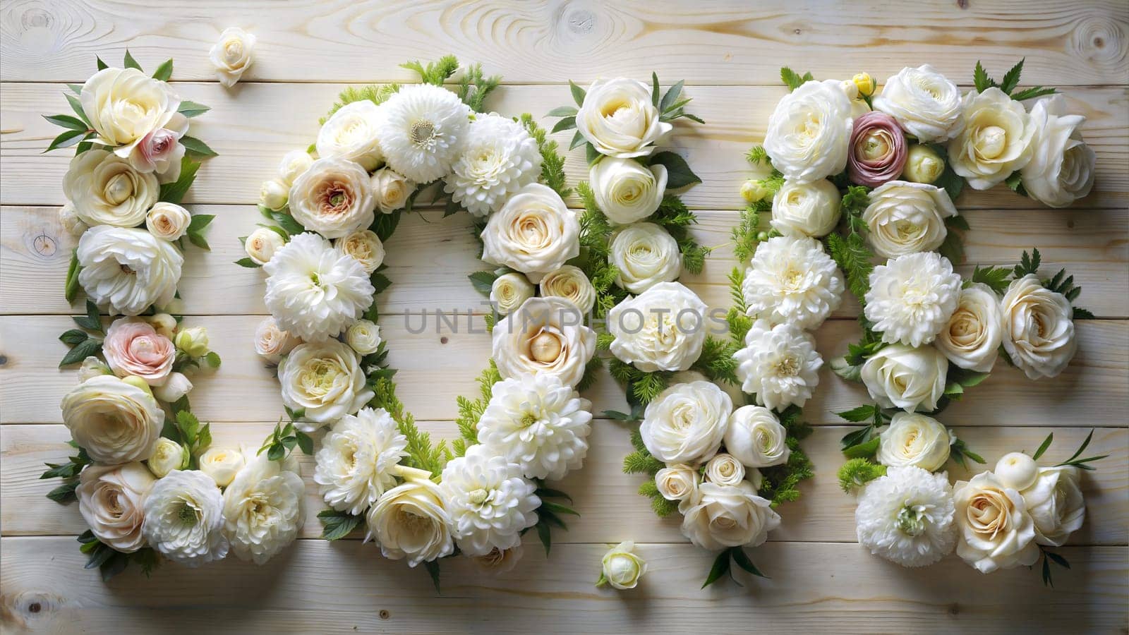 Word love made of white flowers. Ai generated image