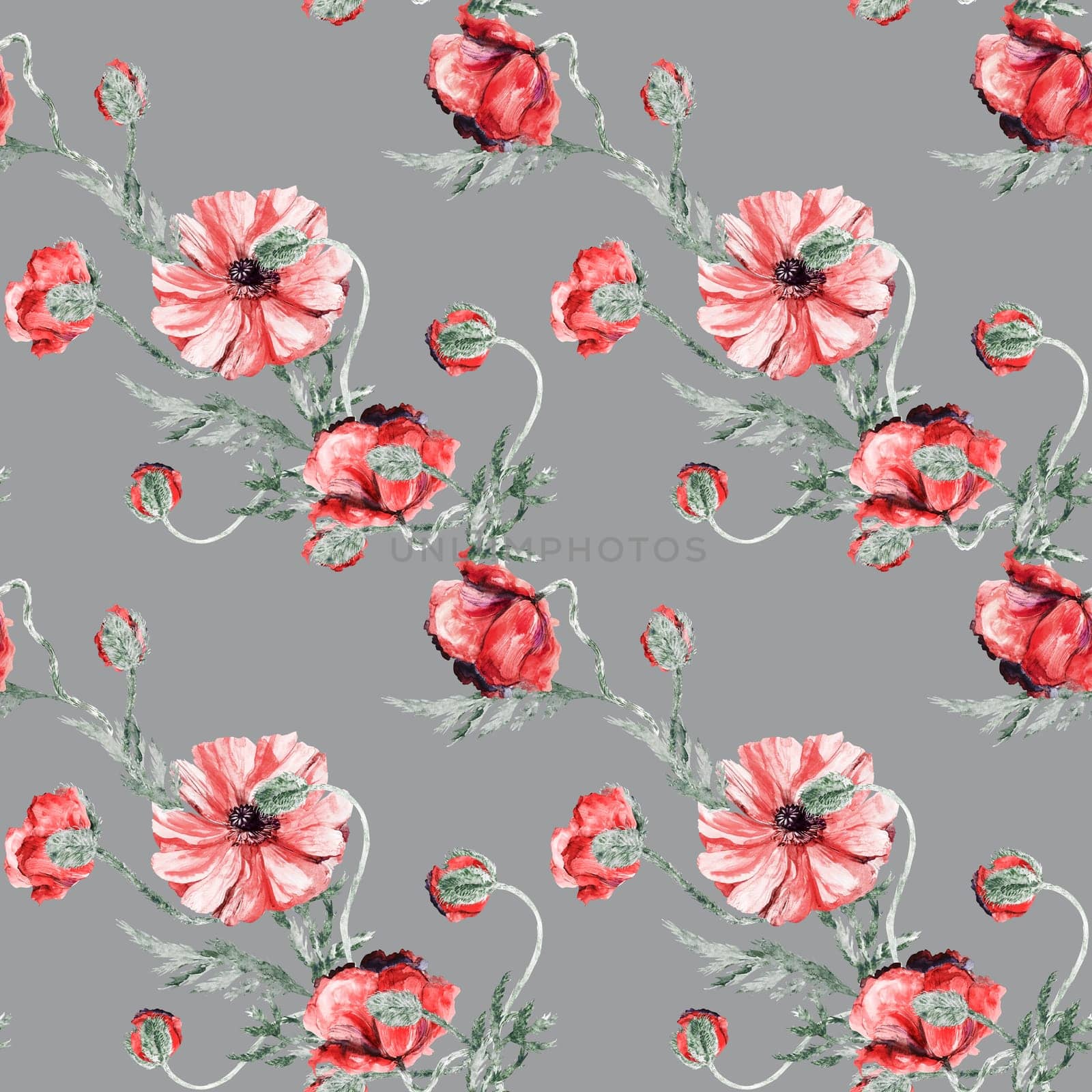 Seamless watercolor pattern with red poppy flowers on a gray background in vintage style for textile and design