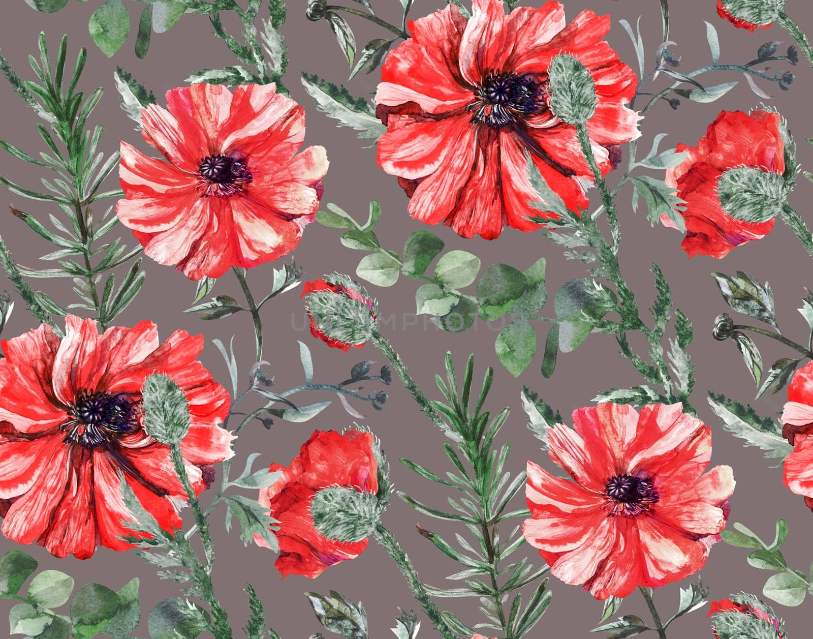 Seamless pattern with red poppies on a brown background. Watercolor botanical pattern for summer textile and surface design