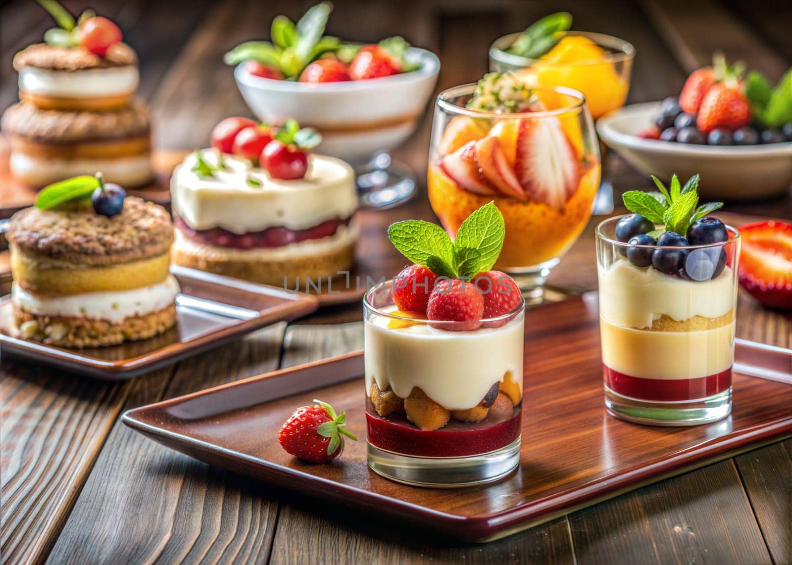 Assorted sweet dessert food on wooden background. Ai generated image