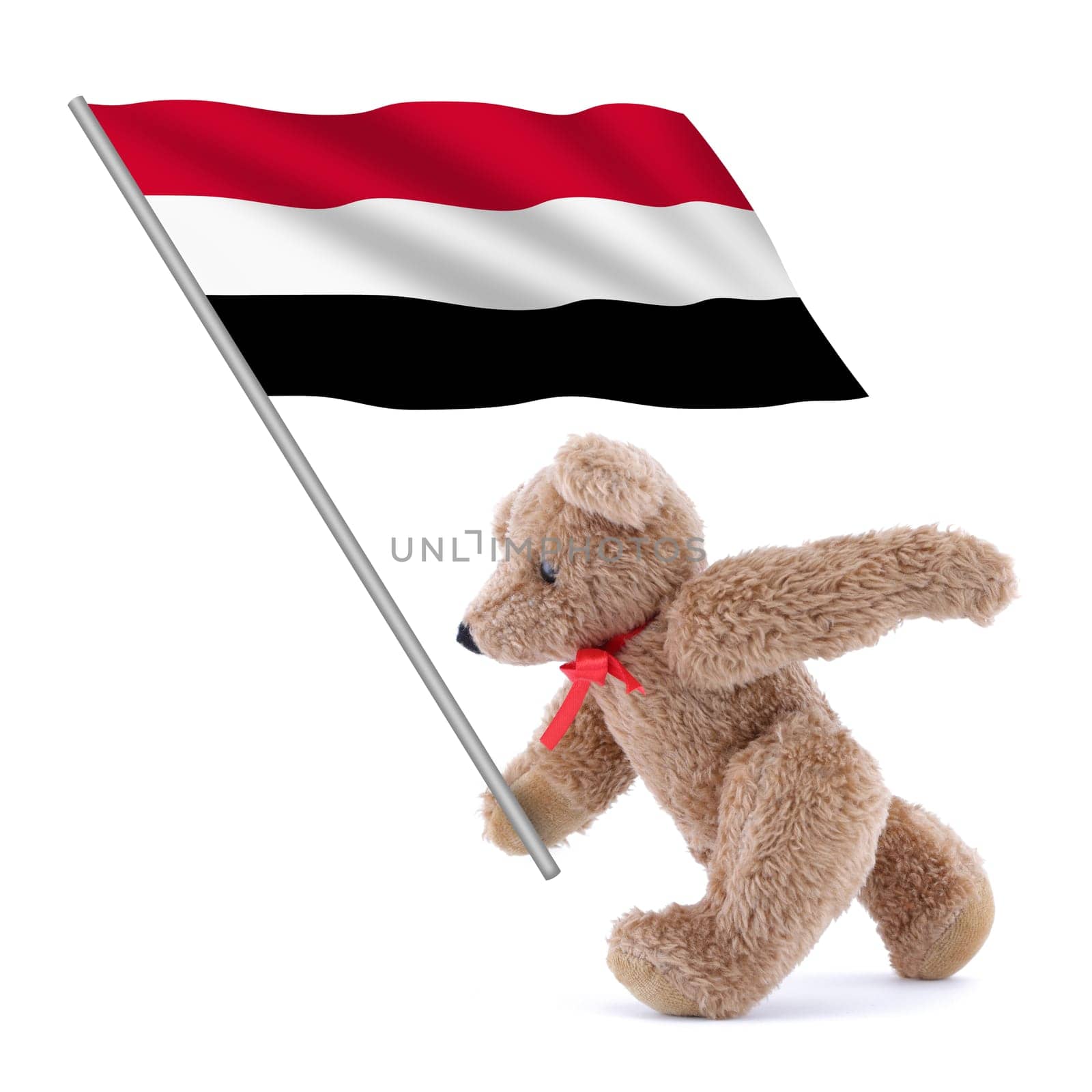 A Yemen flag being carried by a cute teddy bear