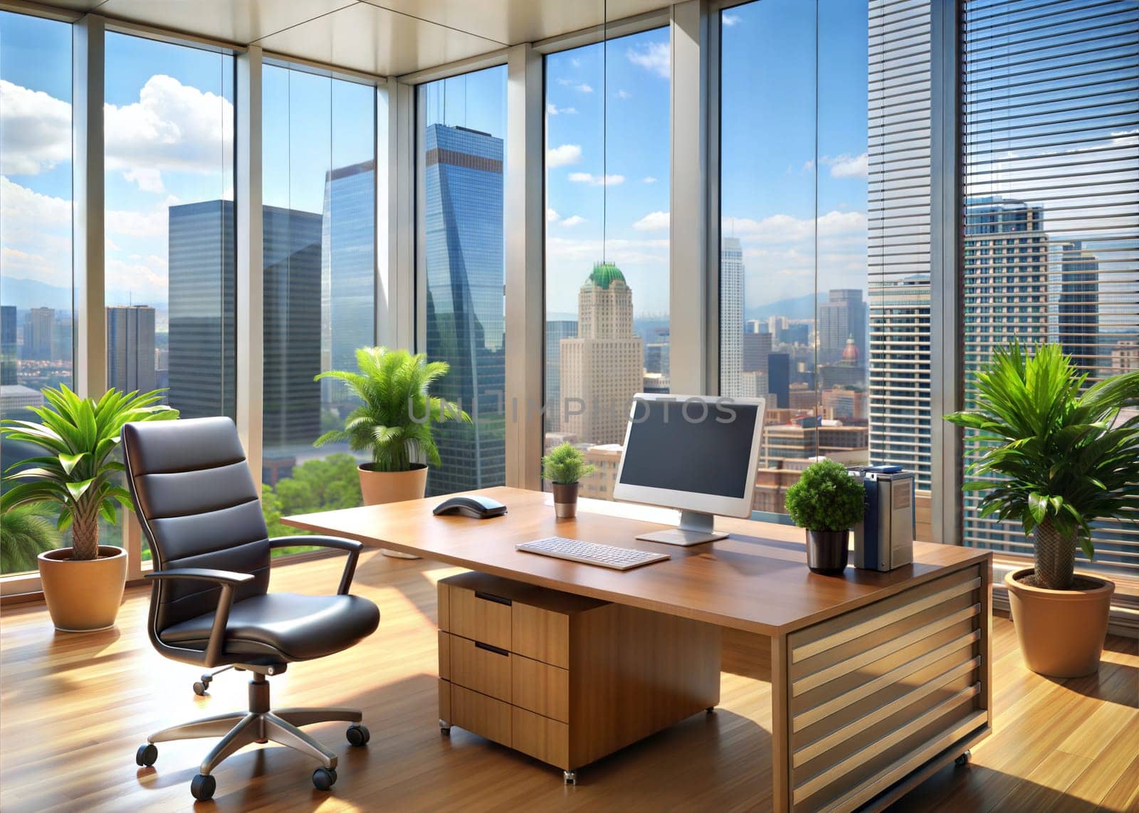office room Interior architecture design. Modern office with big desk and city view. Ai generated image