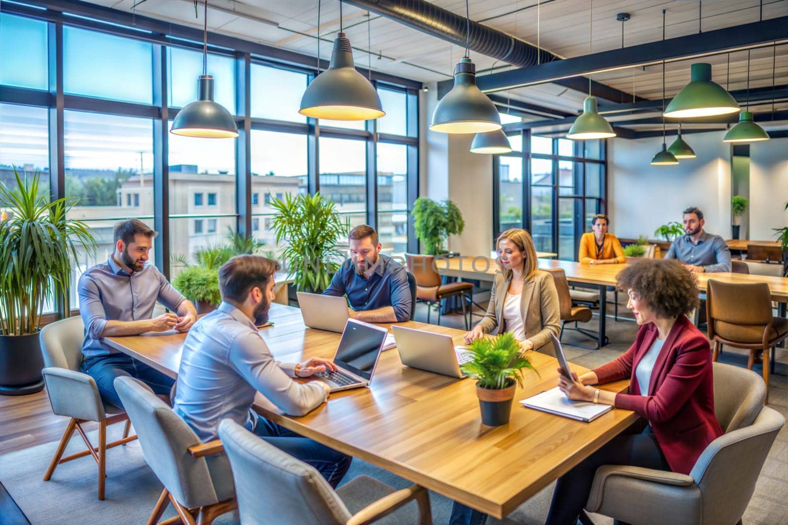 Modern Office Meeting Room or co-working room Multi Ethnic and Diverse Team Sitting and working with laptops. Ai generated image