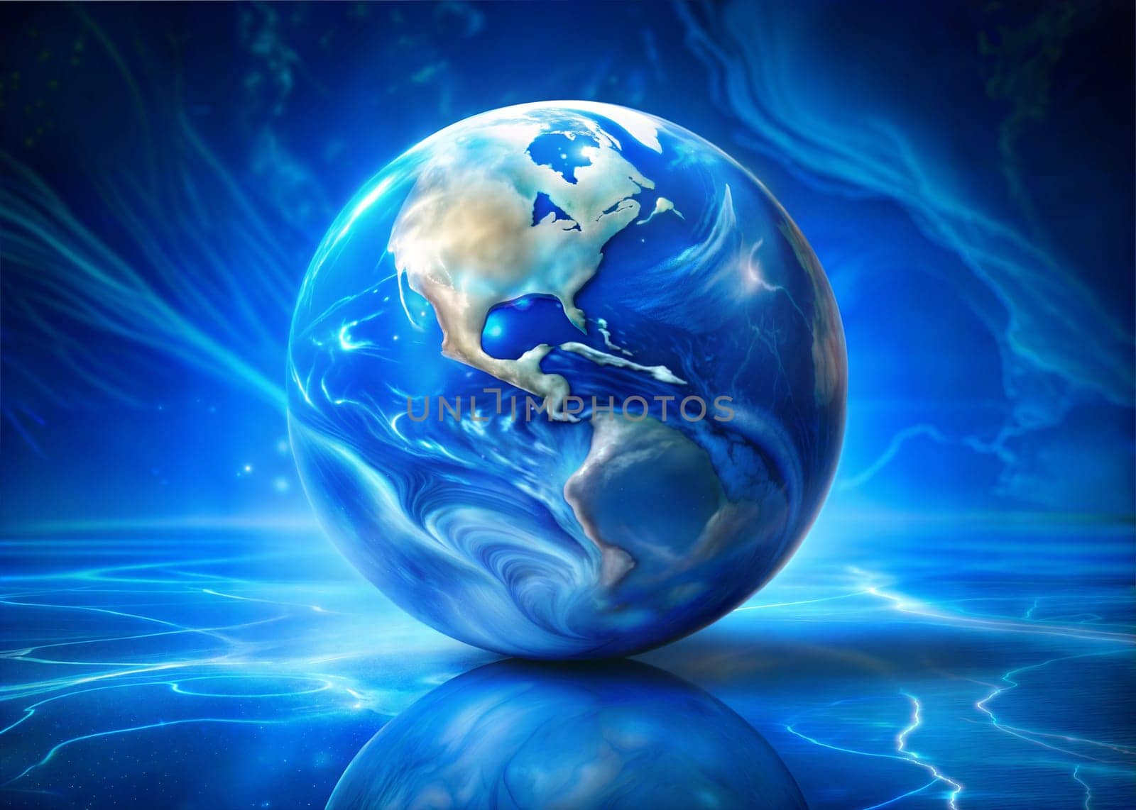 Planet Earth globe on blue background. Concept of ecology, environment, Earth Day. Ai generated image