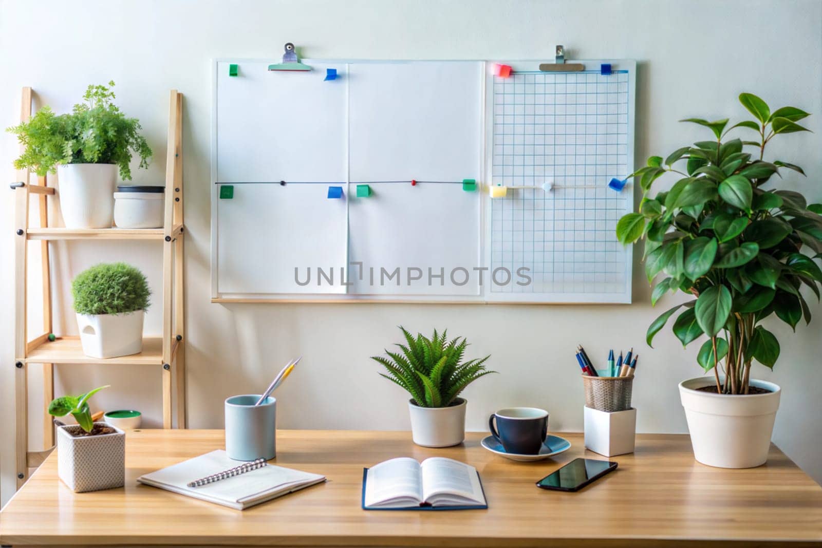Office workspace. Office desk with house plants, calendar, planner, notebooks, smartphone and cup. Ai generated image