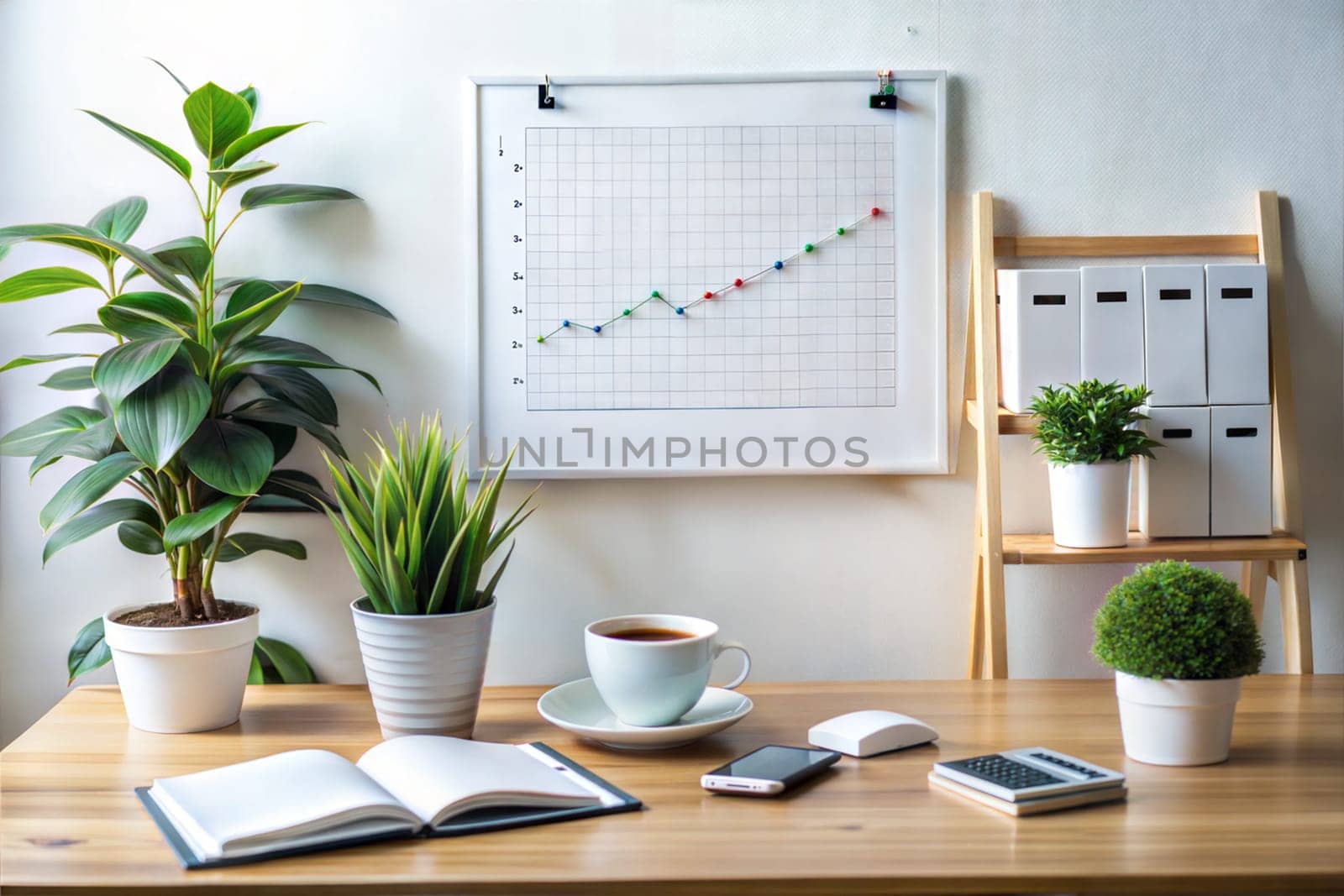 Office workspace. Office desk with house plants, calendar, planner, notebook, calculator and cup of coffee. Ai generated image