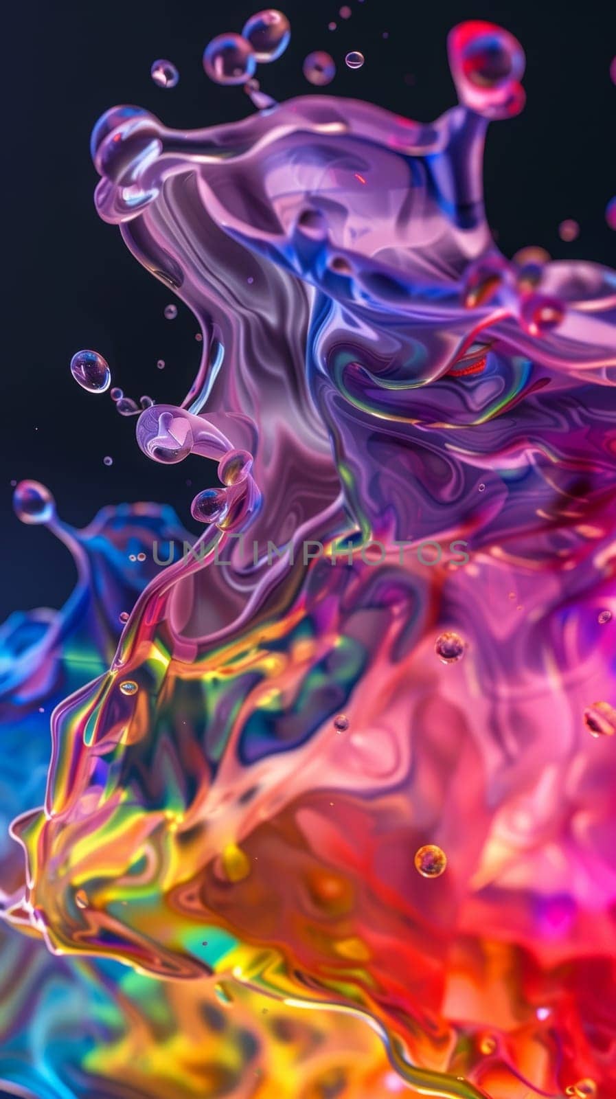 A close-up view of swirling liquids in a kaleidoscope of colors against a dark background, giving off a metallic sheen