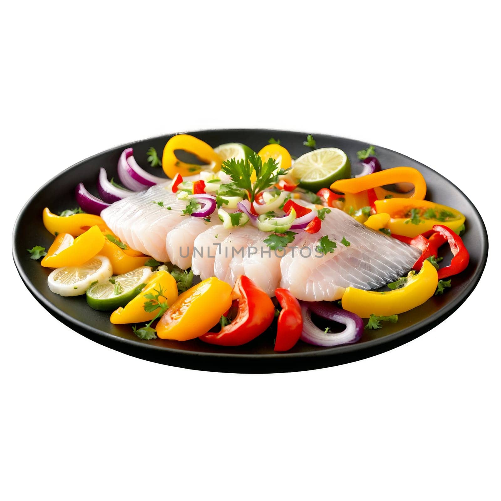 Ceviche fresh white fish marinated in citrus juice and mixed with colorful peppers and onions. Food isolated on transparent background
