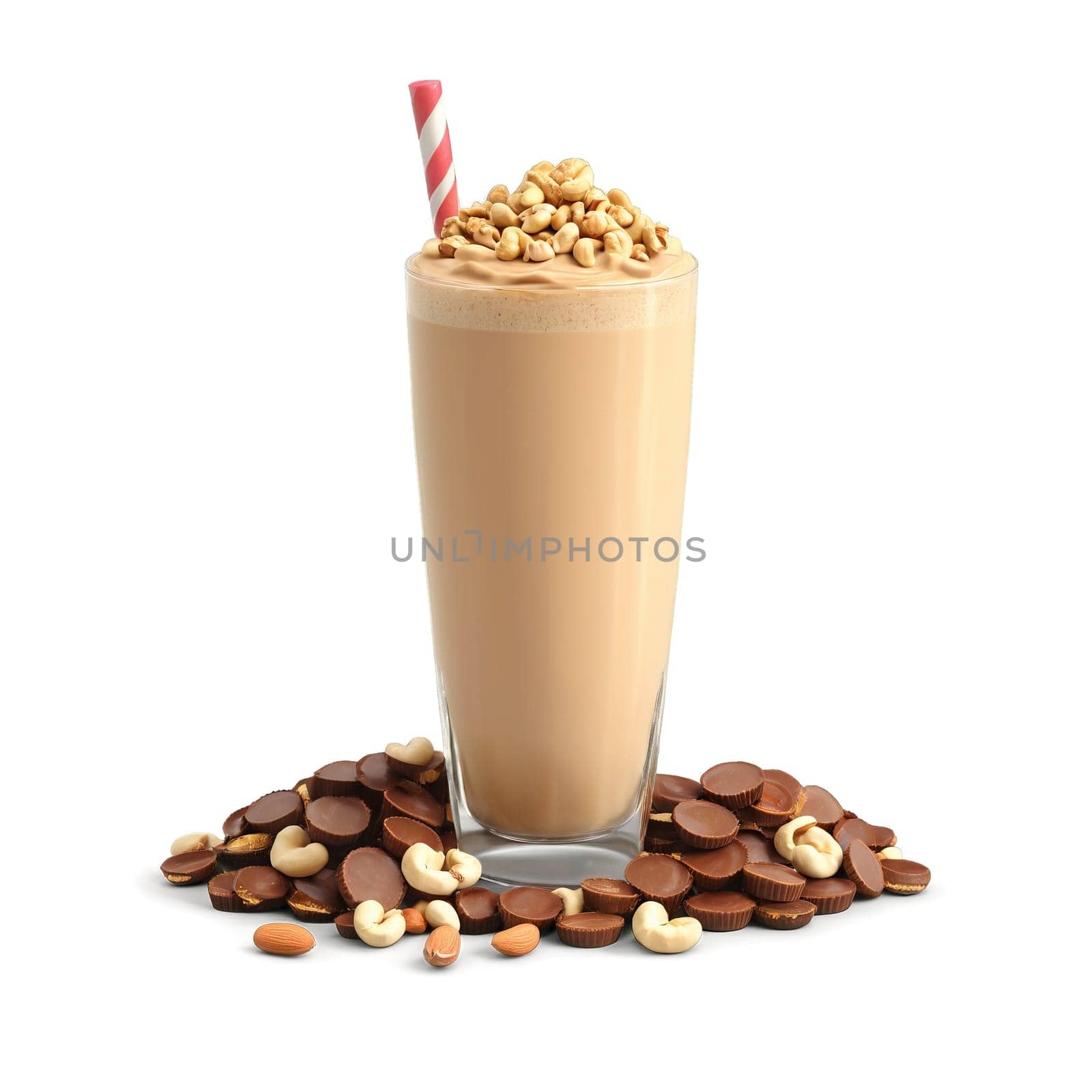 Peanut Butter Cup Milkshake peanut butter rim chopped peanuts decadent dessert tempting Summer drink concept. close-up milkshake drink, isolated on transparent background