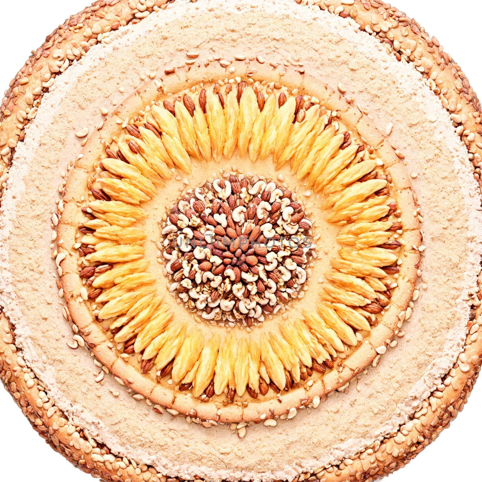Breadnut mandala a mandala of whole breadnuts breadnut flour and breadnut bread with nuts cracking. Food isolated on transparent background.