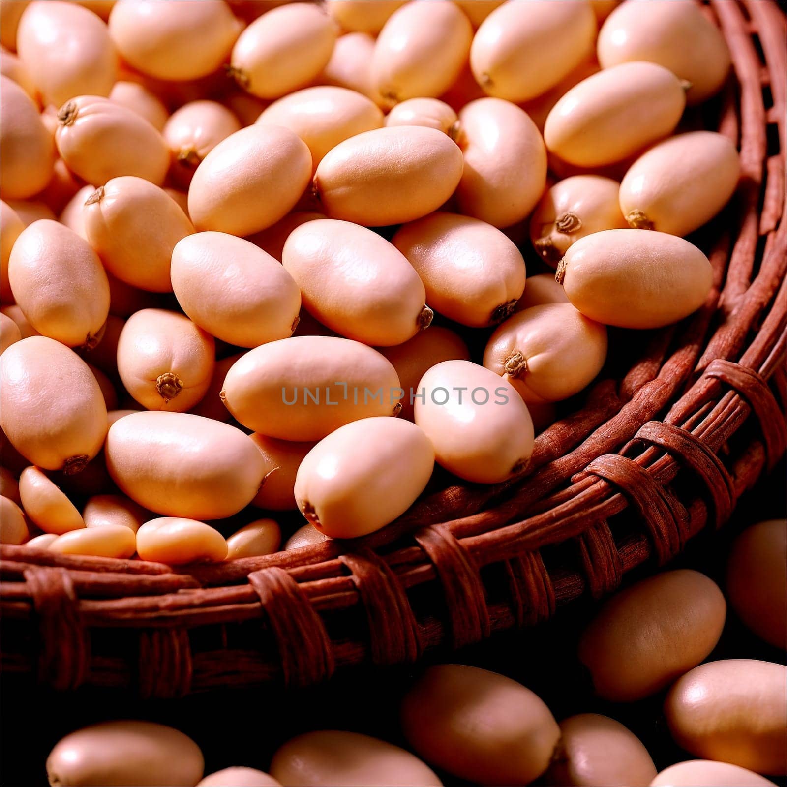 Navy beans phaseolus vulgaris white dried and cooked floating around old wicker basket misty air. Food isolated on transparent background.