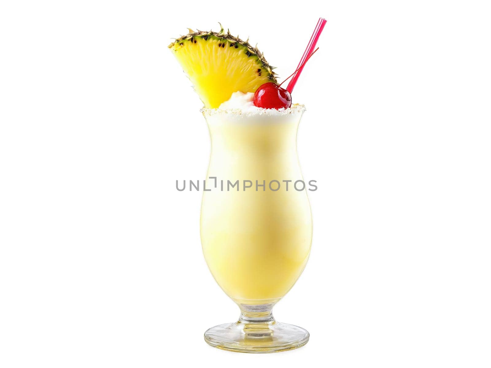 Pina Colada A tropical glass with creamy yellow liquid pineapple wedge and cherry on the. Drink isolated on transparent background.