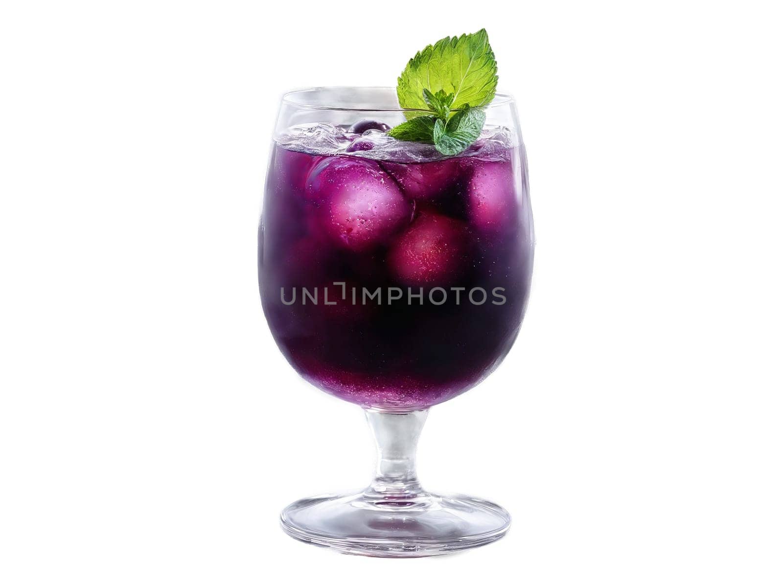 Plum soda in a dark glass plum wedges and mint leaves rich and moody purple. Drink isolated on transparent background.